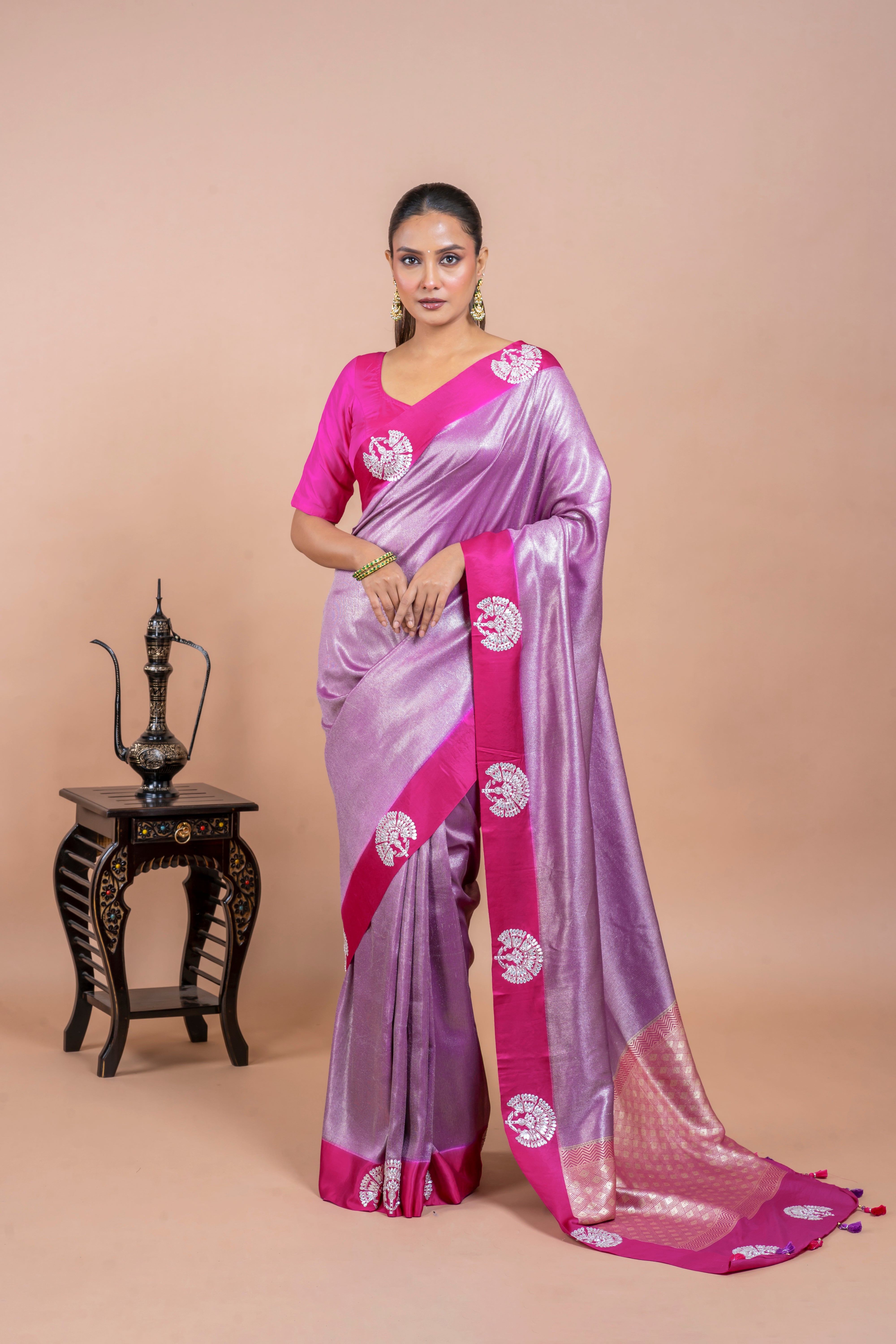Rani Pink Handloom Saree with Zari Brocade and Gota Work  Mokshaa