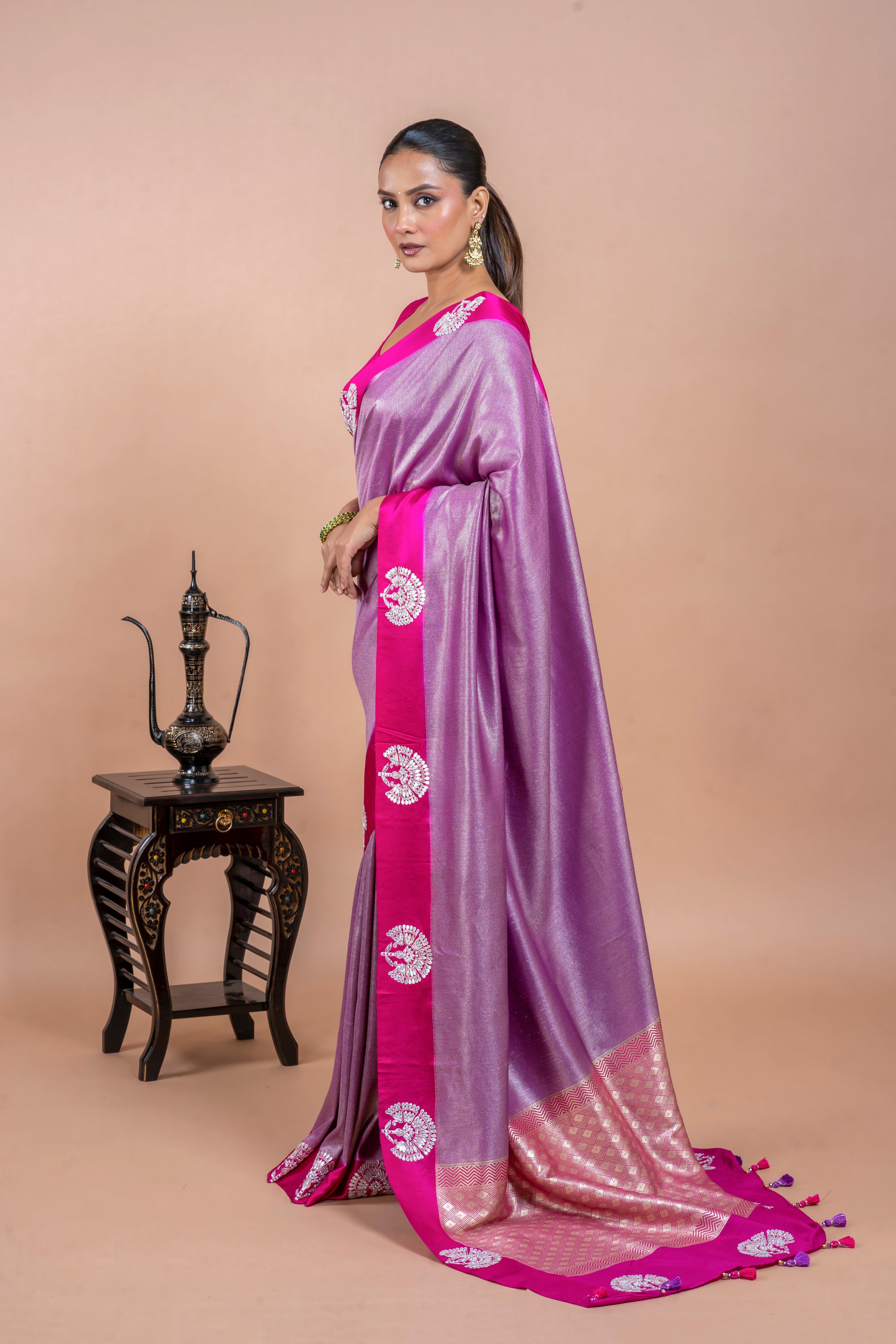 Rani Pink Handloom Saree with Zari Brocade and Gota Work  Mokshaa