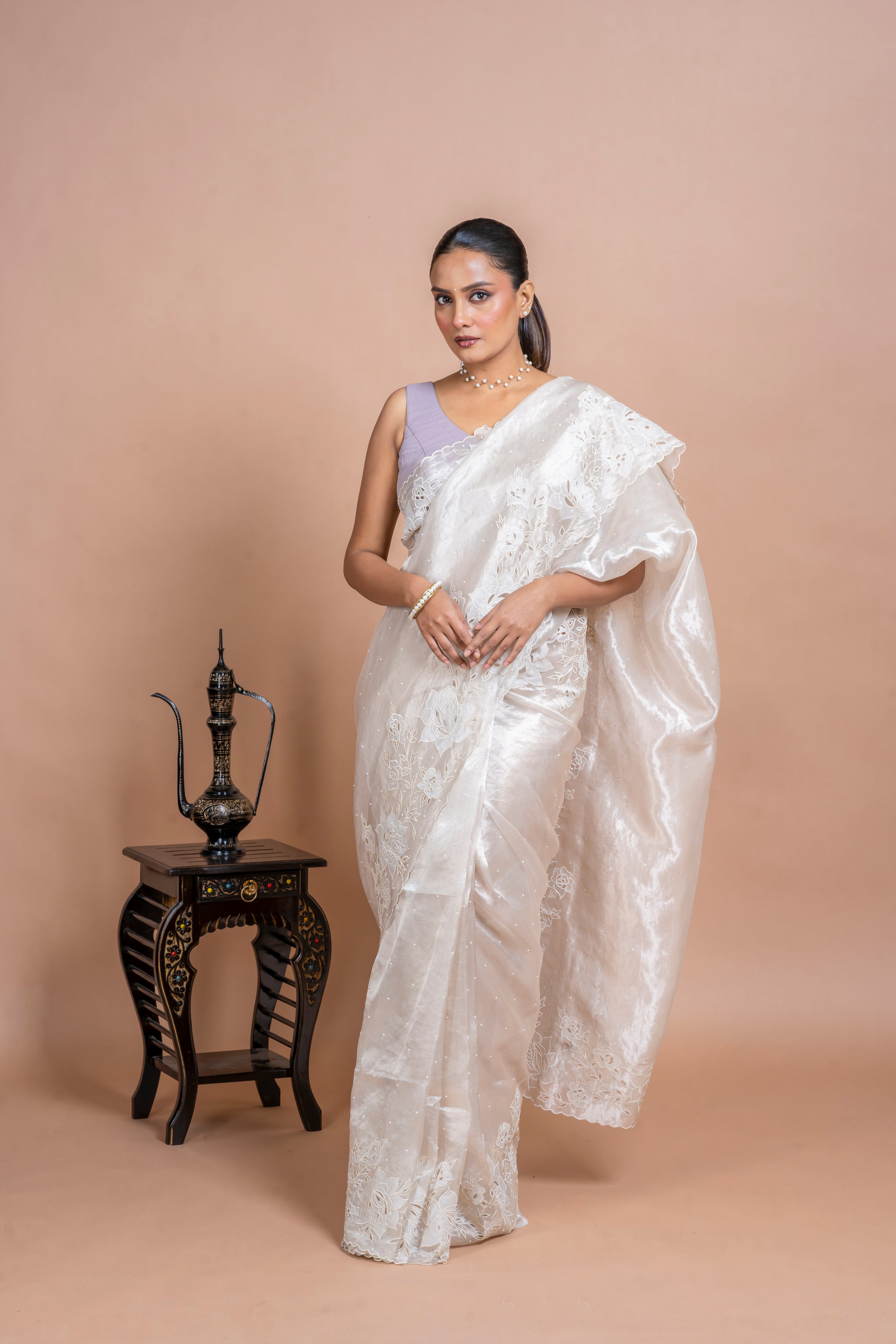 Silver Tissue Organza Saree with Floral Embroidery and Scallop Edge  Mokshaa