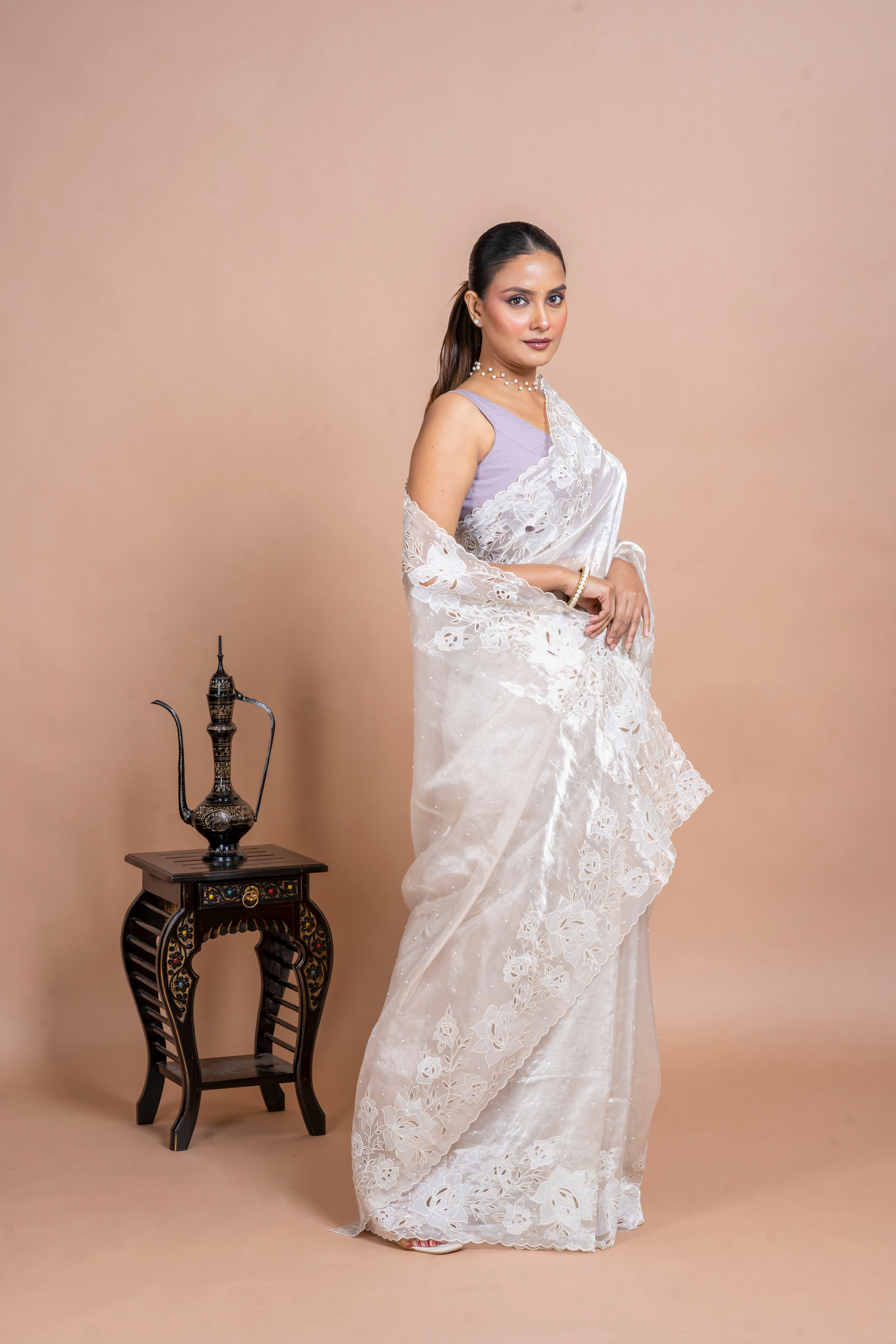 Silver Tissue Organza Saree with Floral Embroidery and Scallop Edge  Mokshaa