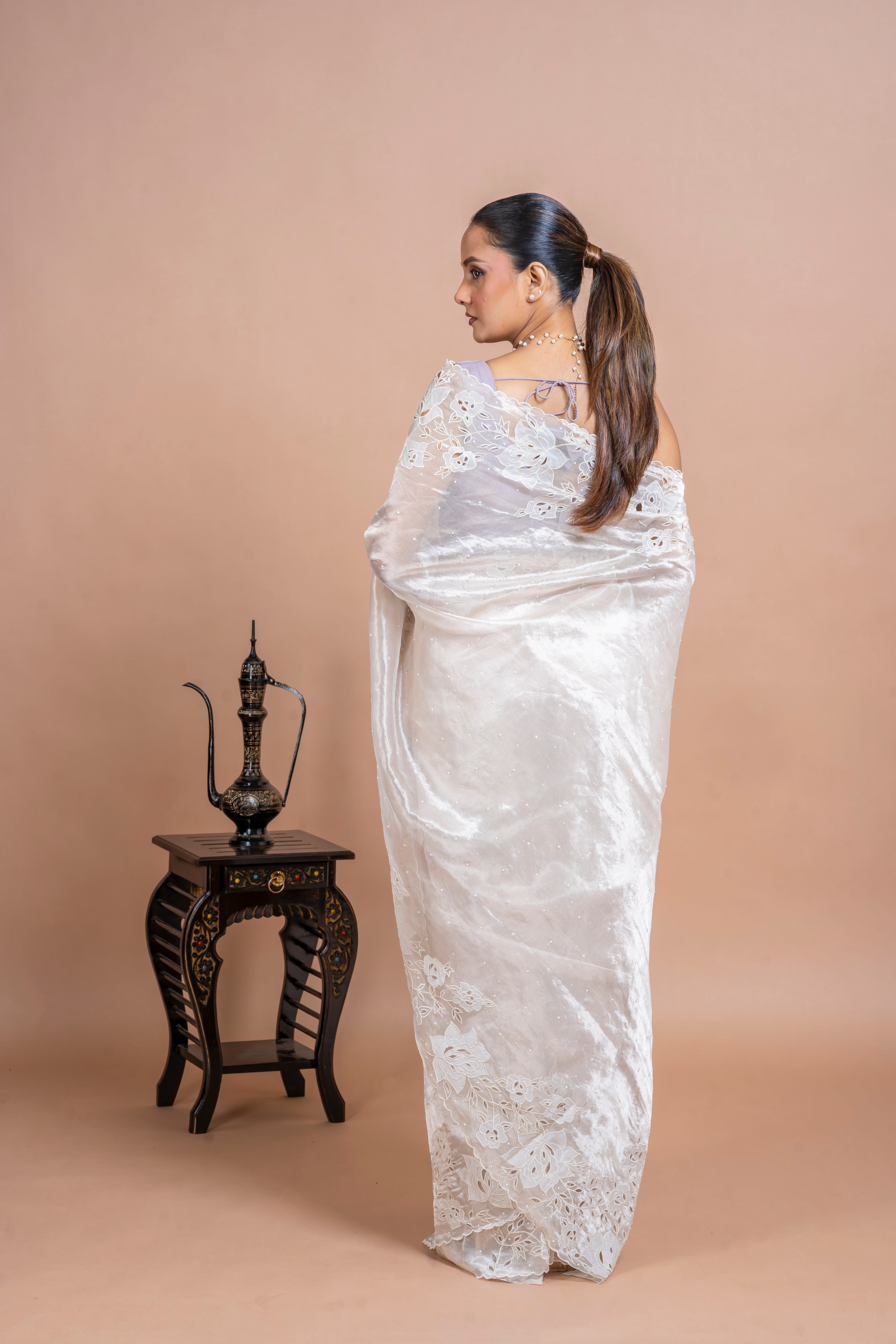 Silver Tissue Organza Saree with Floral Embroidery and Scallop Edge  Mokshaa