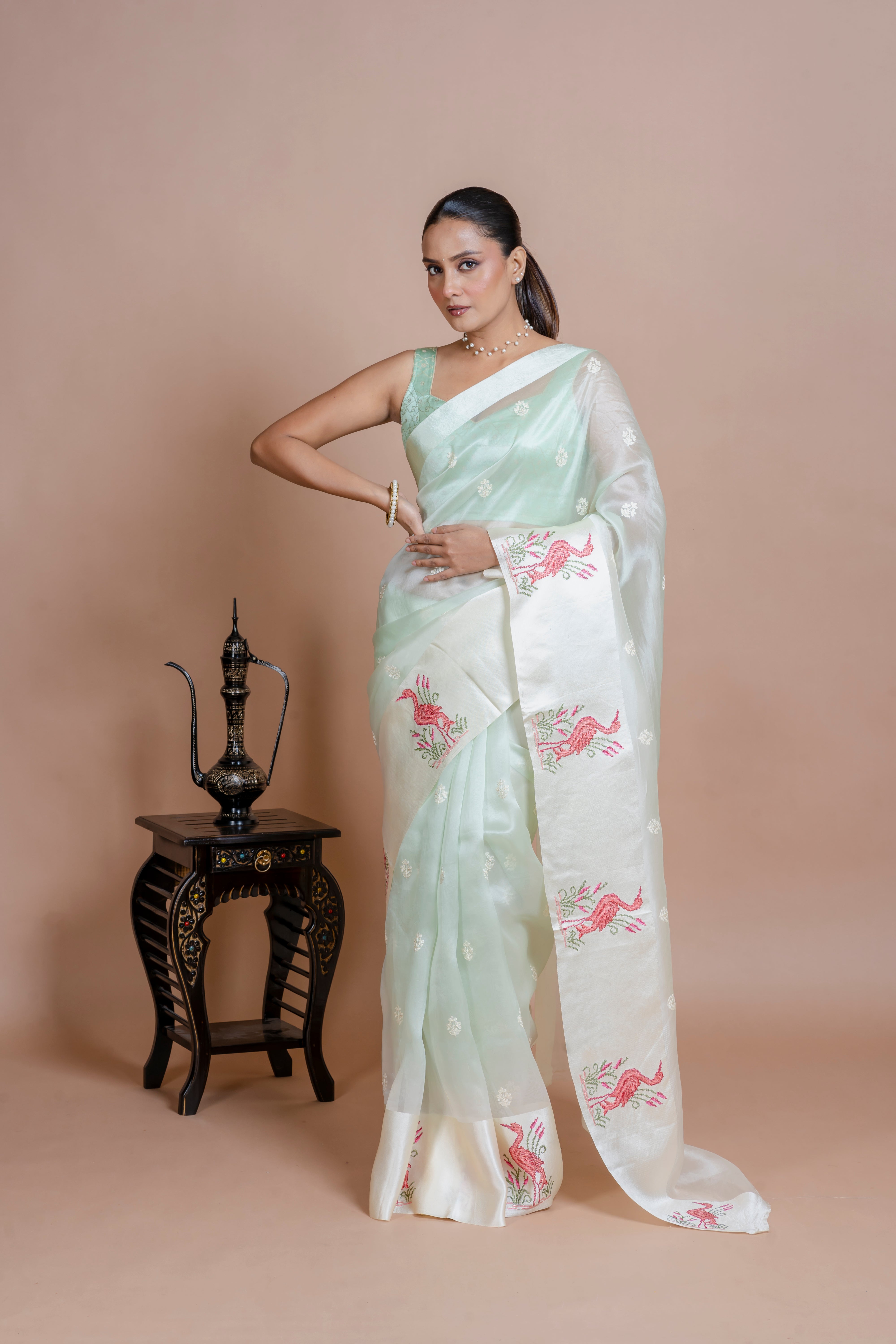 Soft Mint Green Organza Saree  Mokshaa
