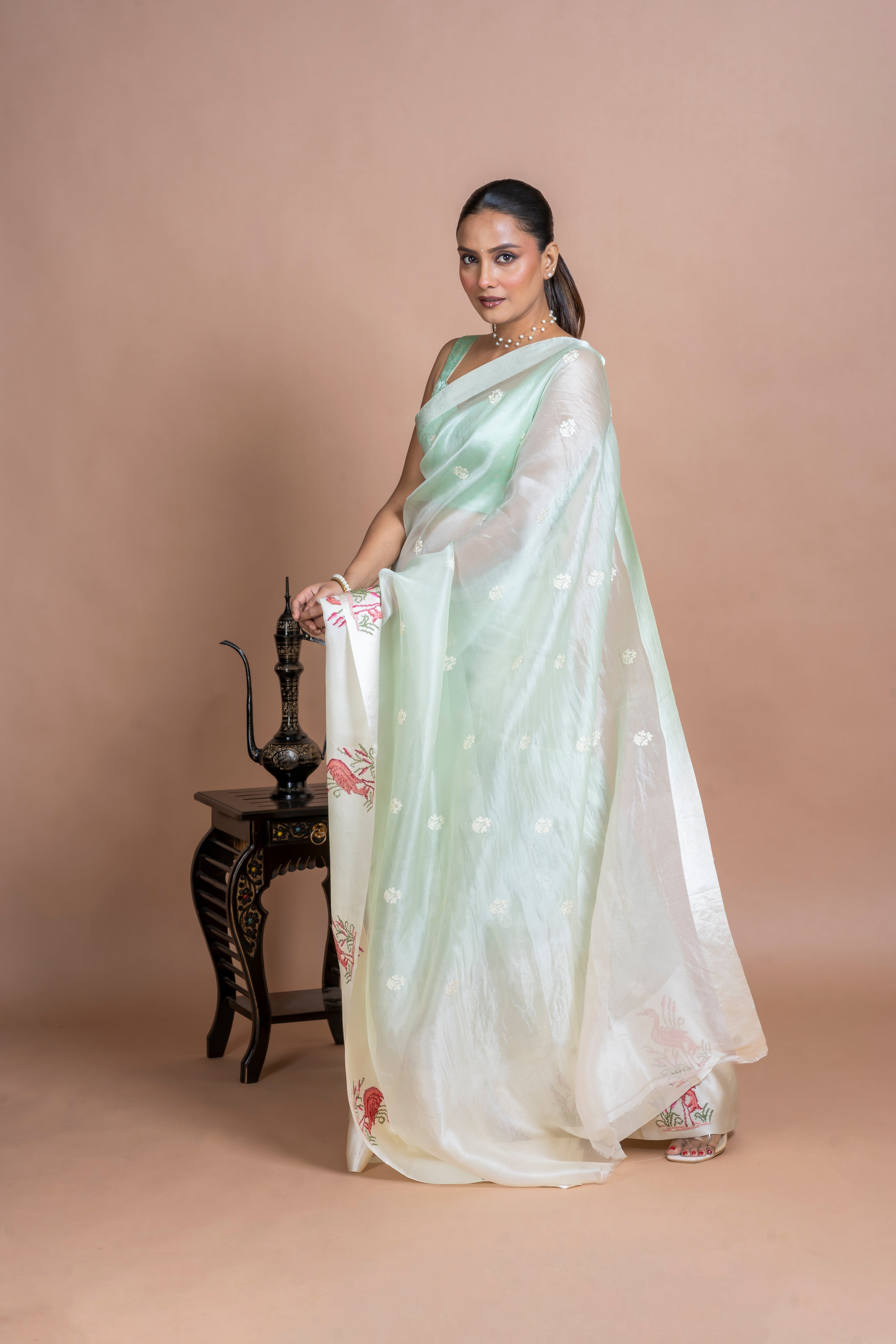 Soft Mint Green Organza Saree  Mokshaa
