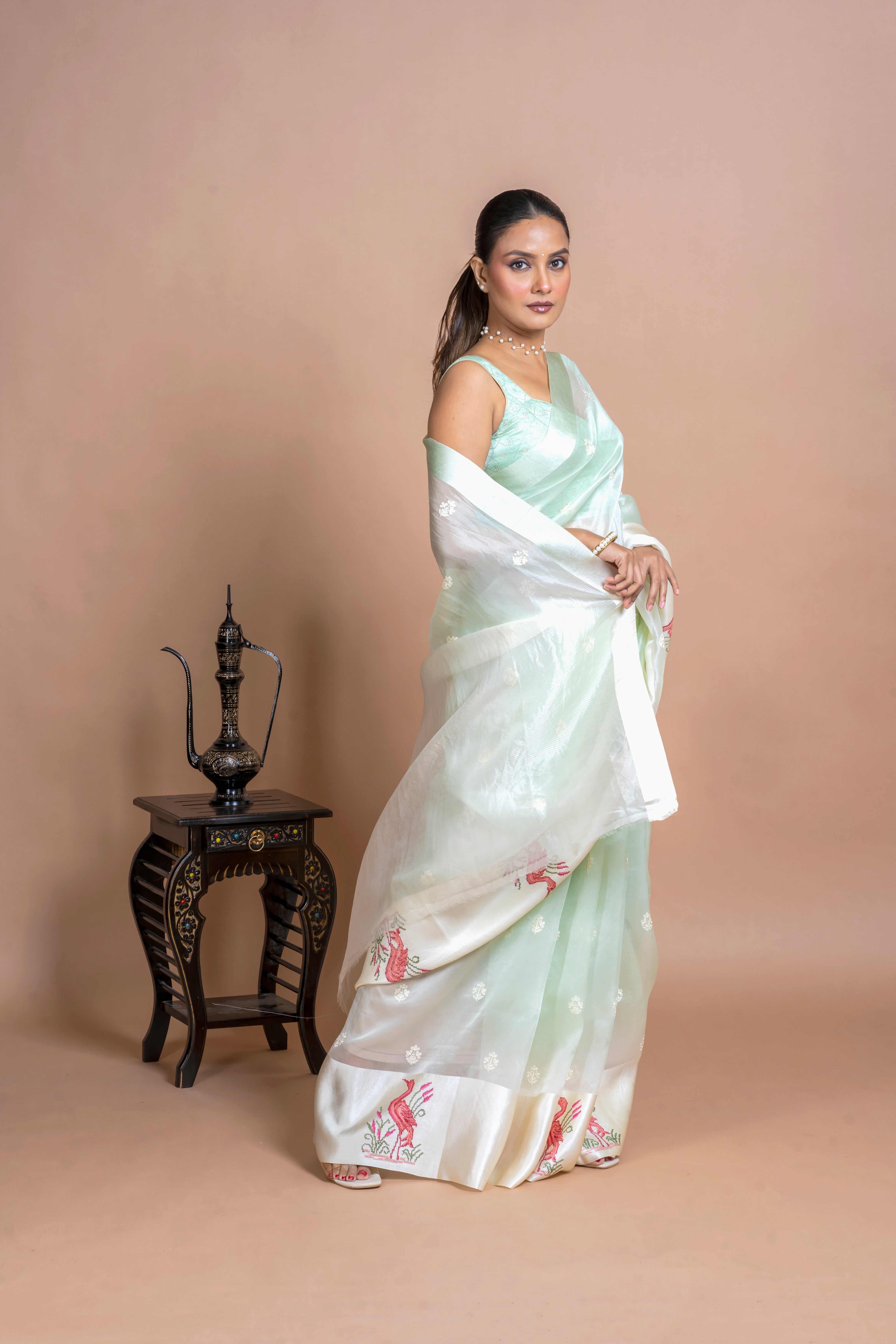 Soft Mint Green Organza Saree  Mokshaa