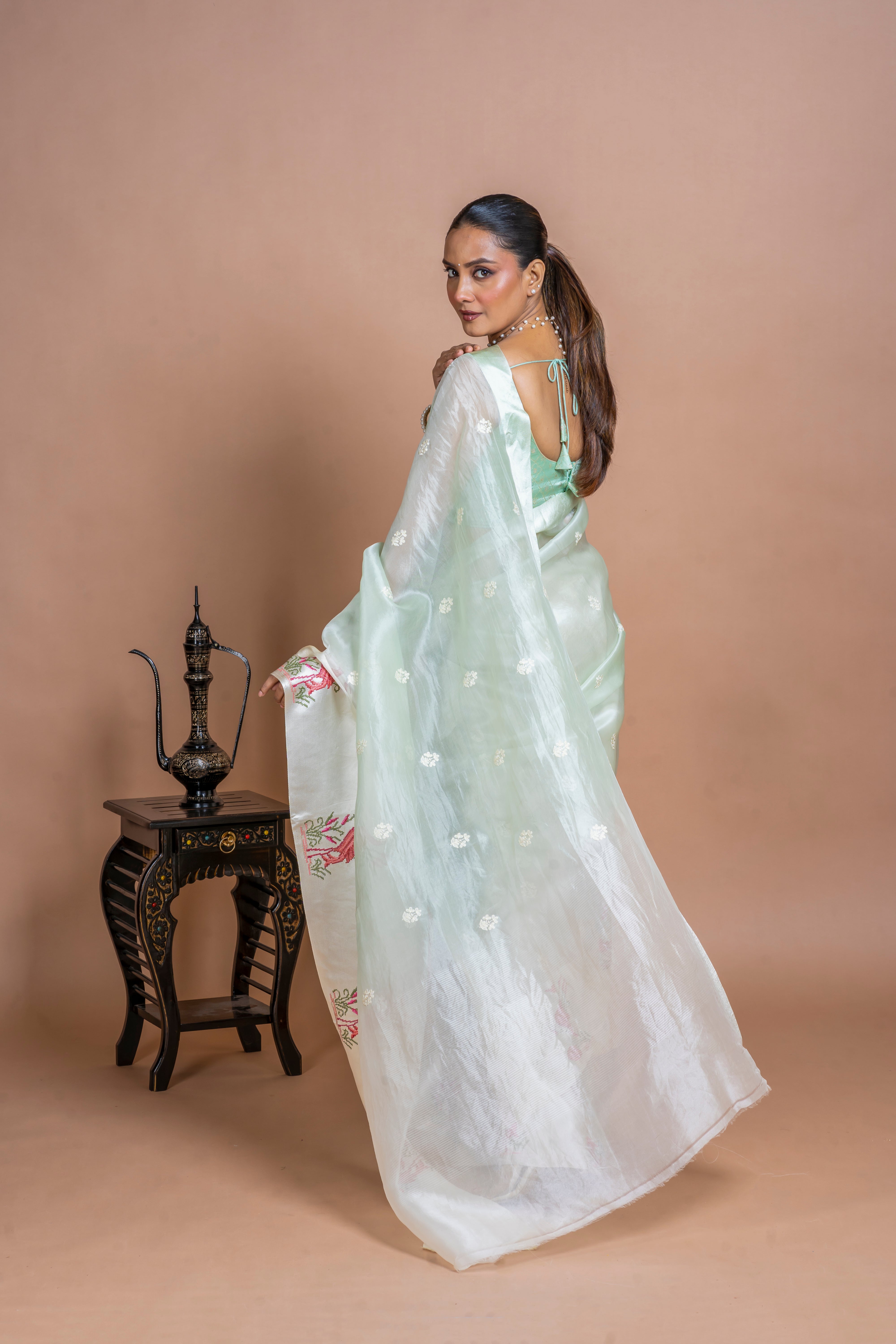 Soft Mint Green Organza Saree  Mokshaa