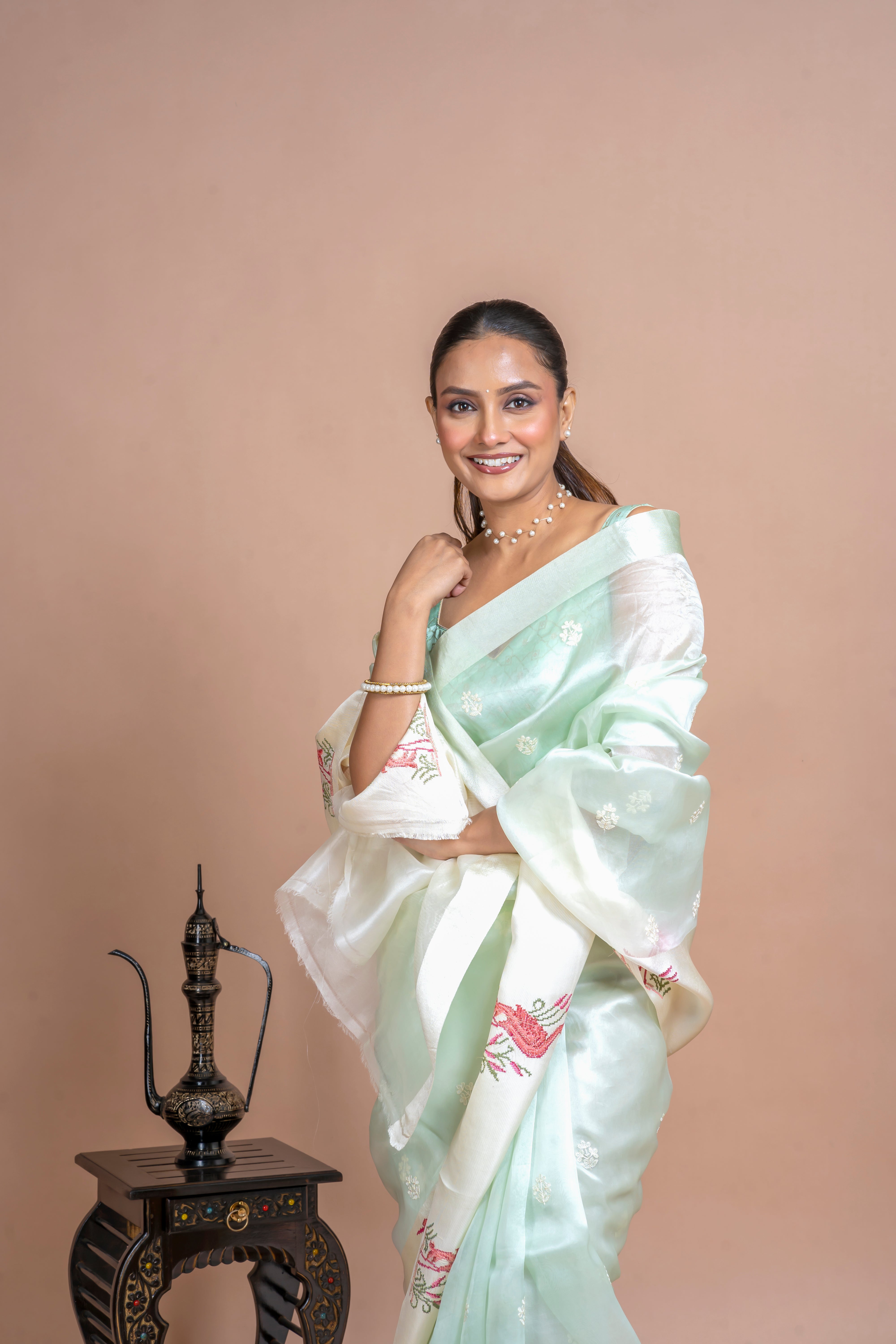 Soft Mint Green Organza Saree  Mokshaa