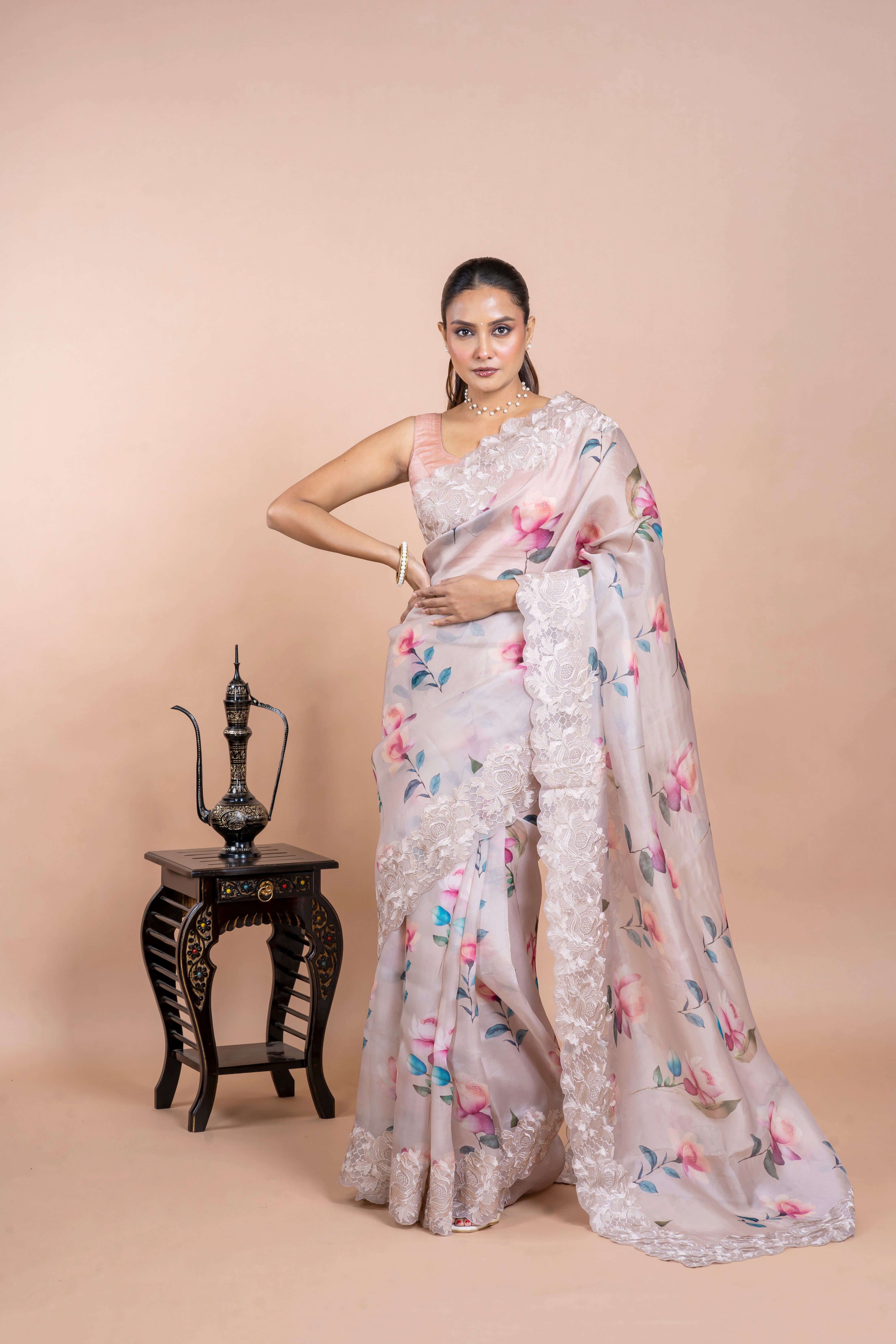 Soft Beige Organza Saree with Digital Floral Print  Mokshaa