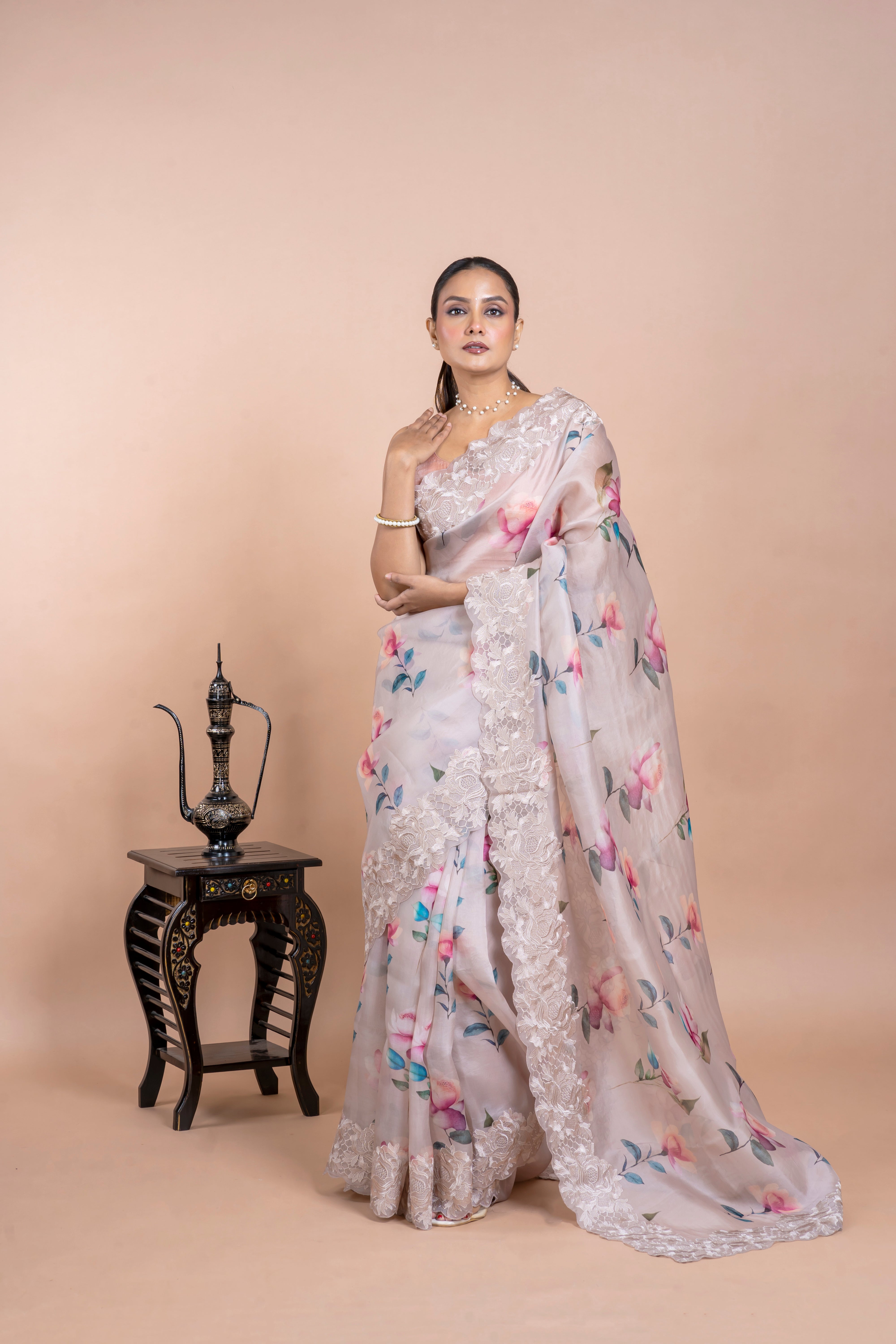 Soft Beige Organza Saree with Digital Floral Print  Mokshaa