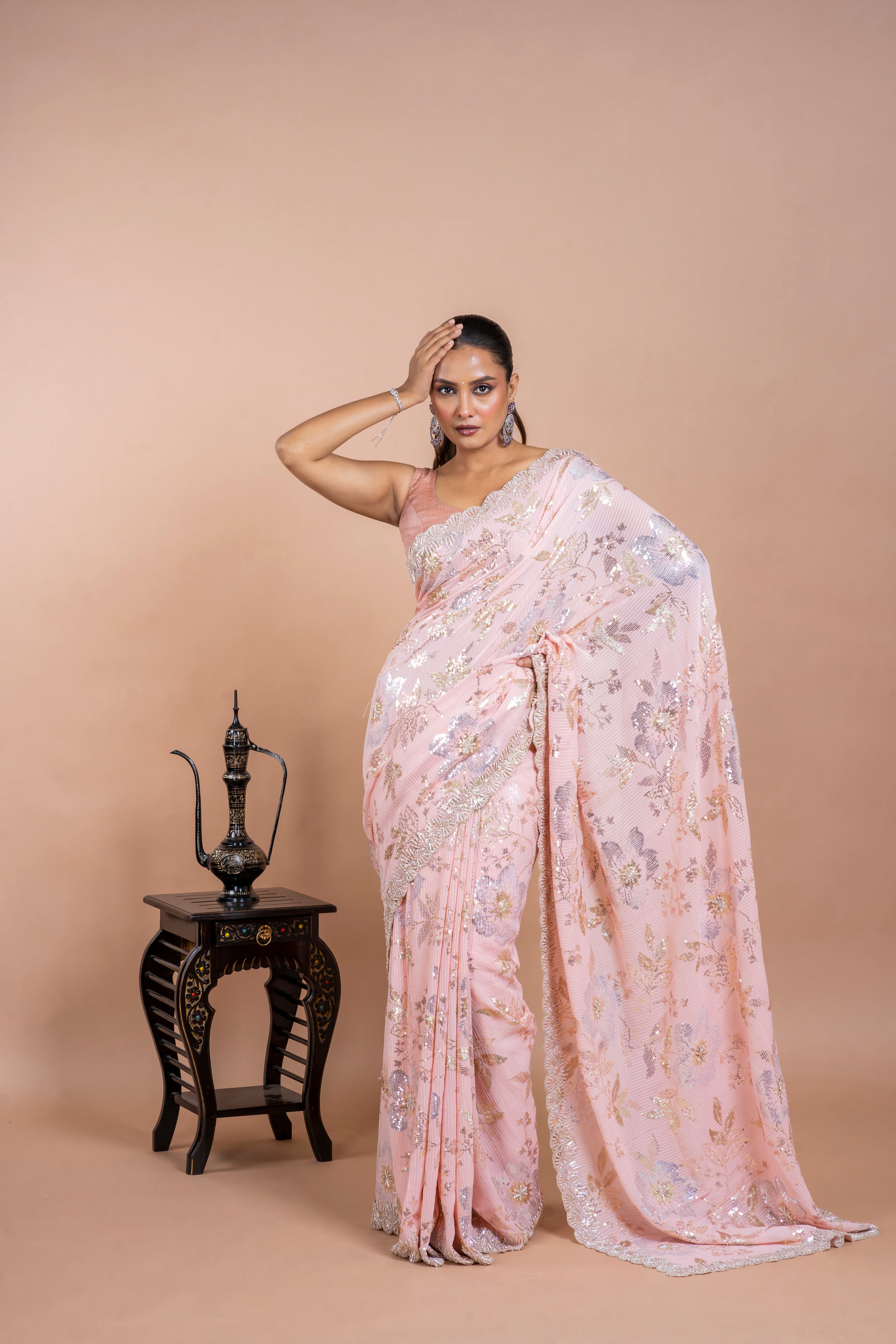 Light Pink Georgette Saree with Floral Sequins and Pearl Work  Mokshaa