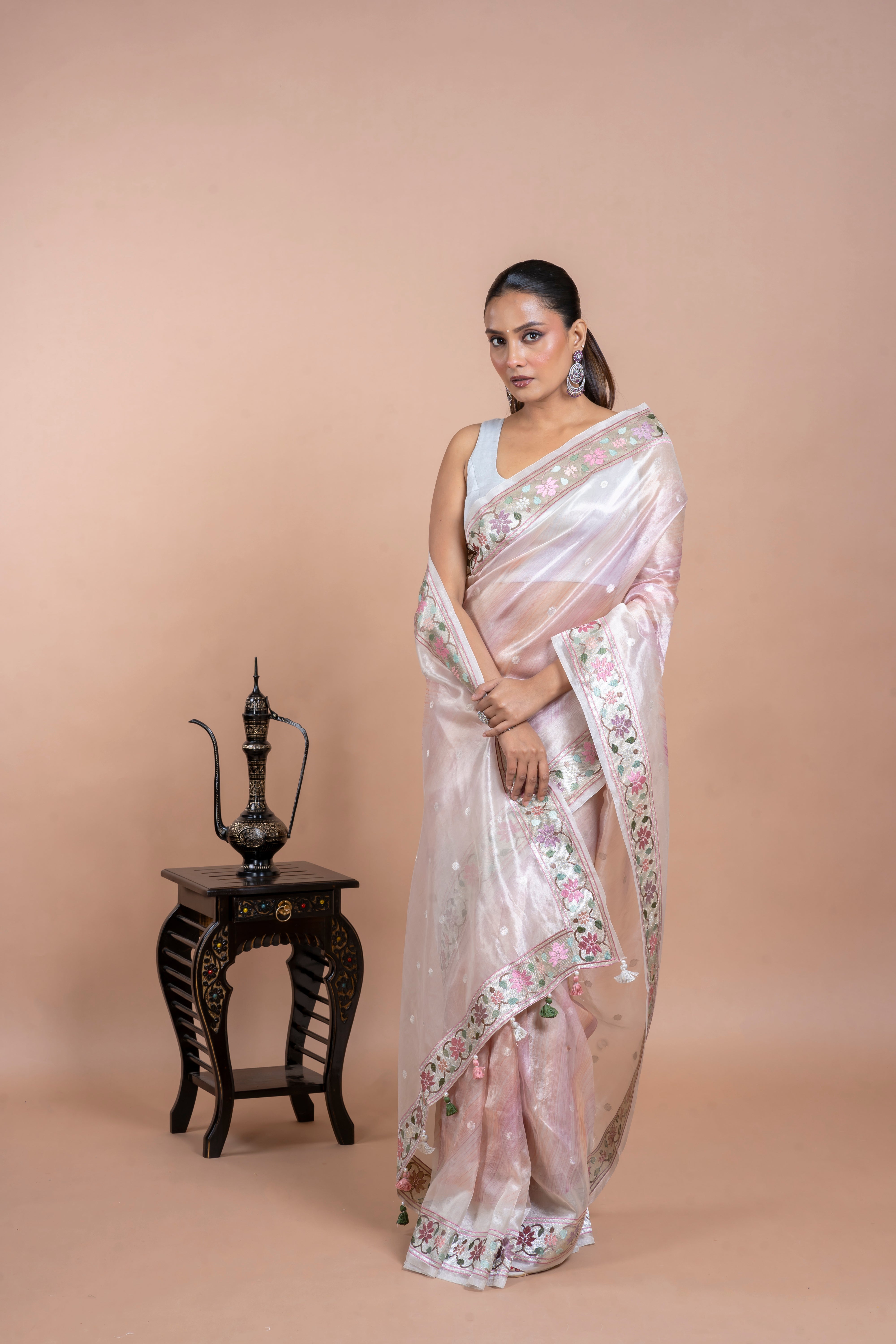 Silver Tissue Organza Saree with Zari Motifs and Thread Border  Mokshaa