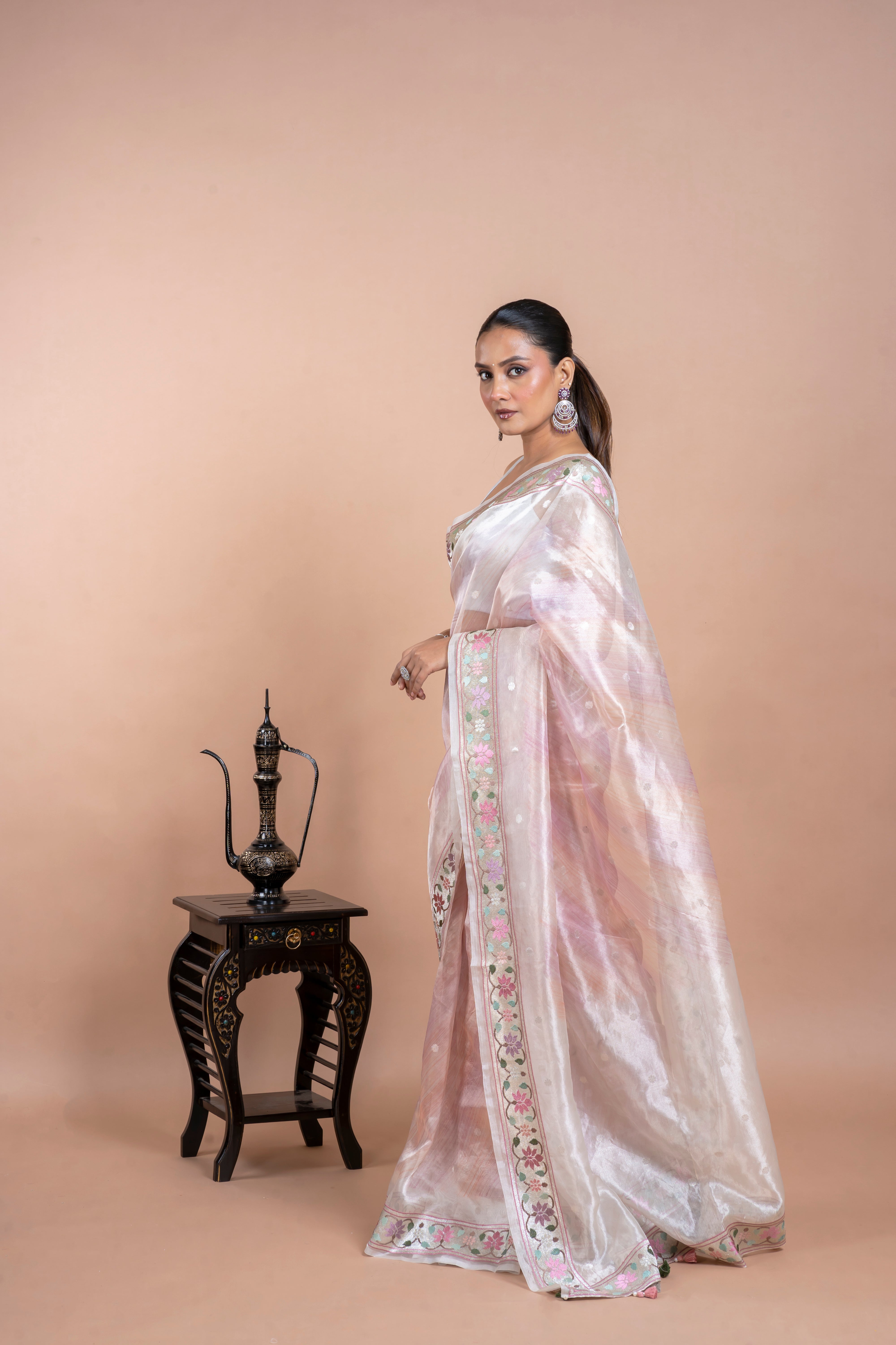 Silver Tissue Organza Saree with Zari Motifs and Thread Border  Mokshaa