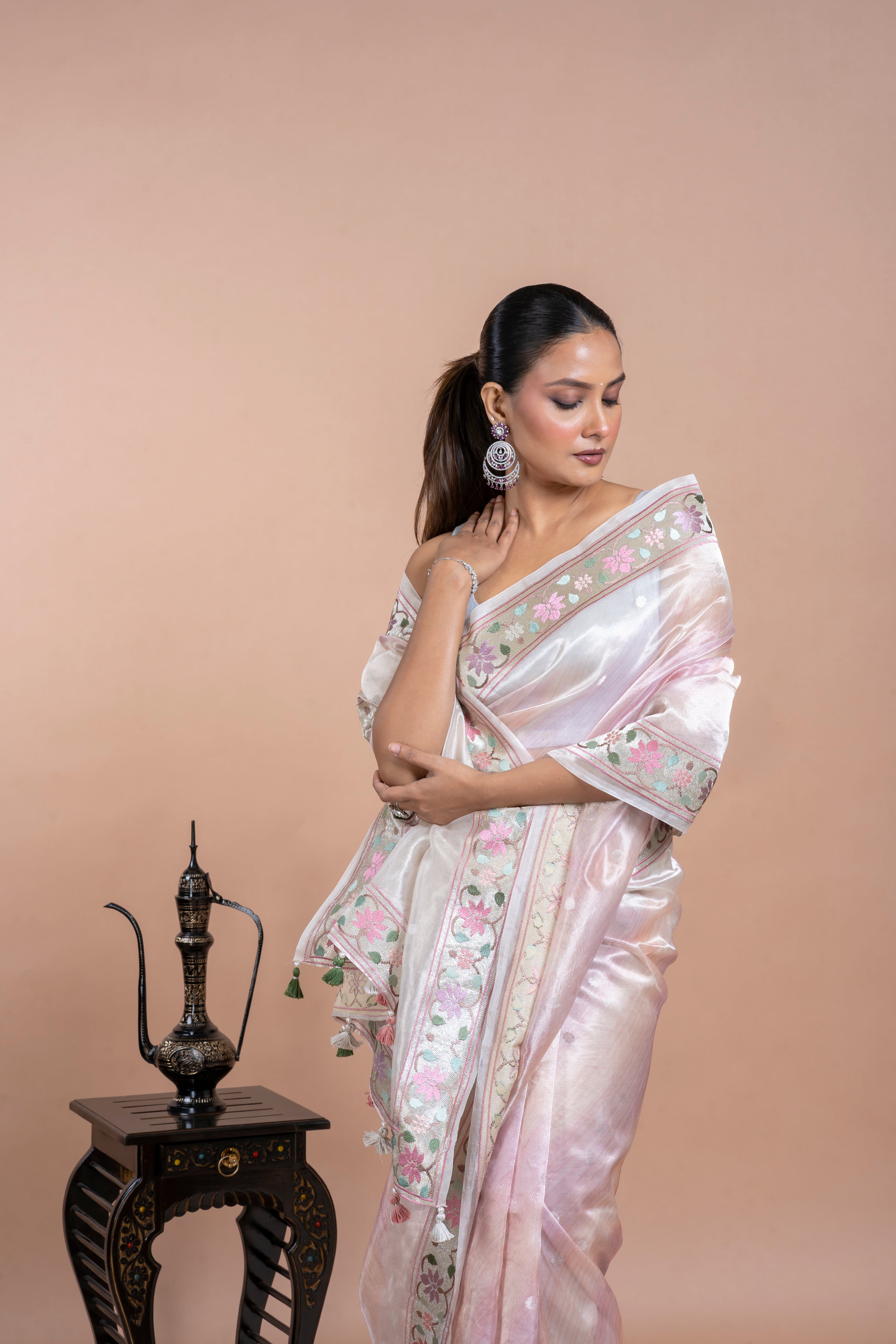 Silver Tissue Organza Saree with Zari Motifs and Thread Border  Mokshaa