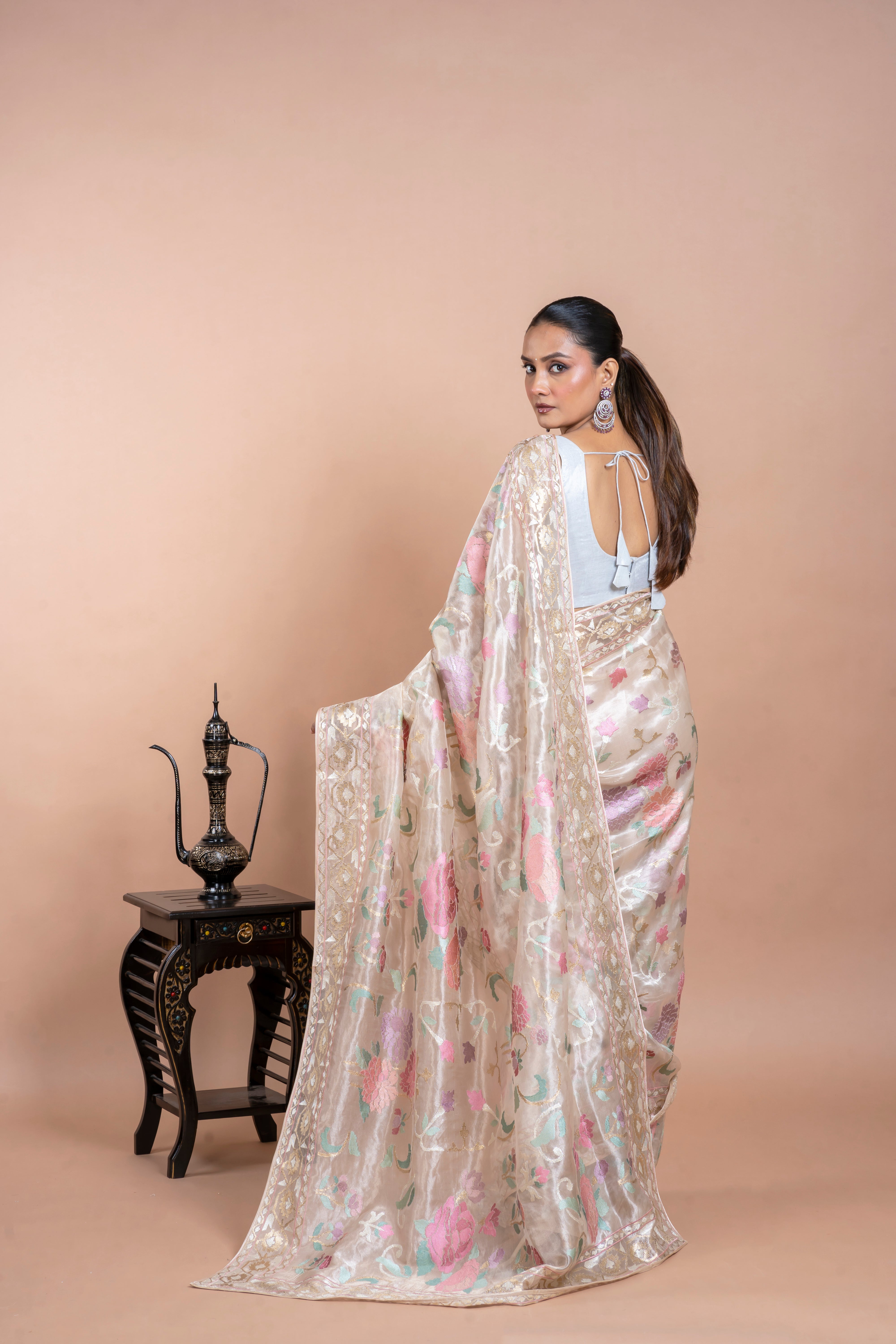 Taupe Gold Tissue Organza Saree with Zari and Multi-Thread Work  Mokshaa