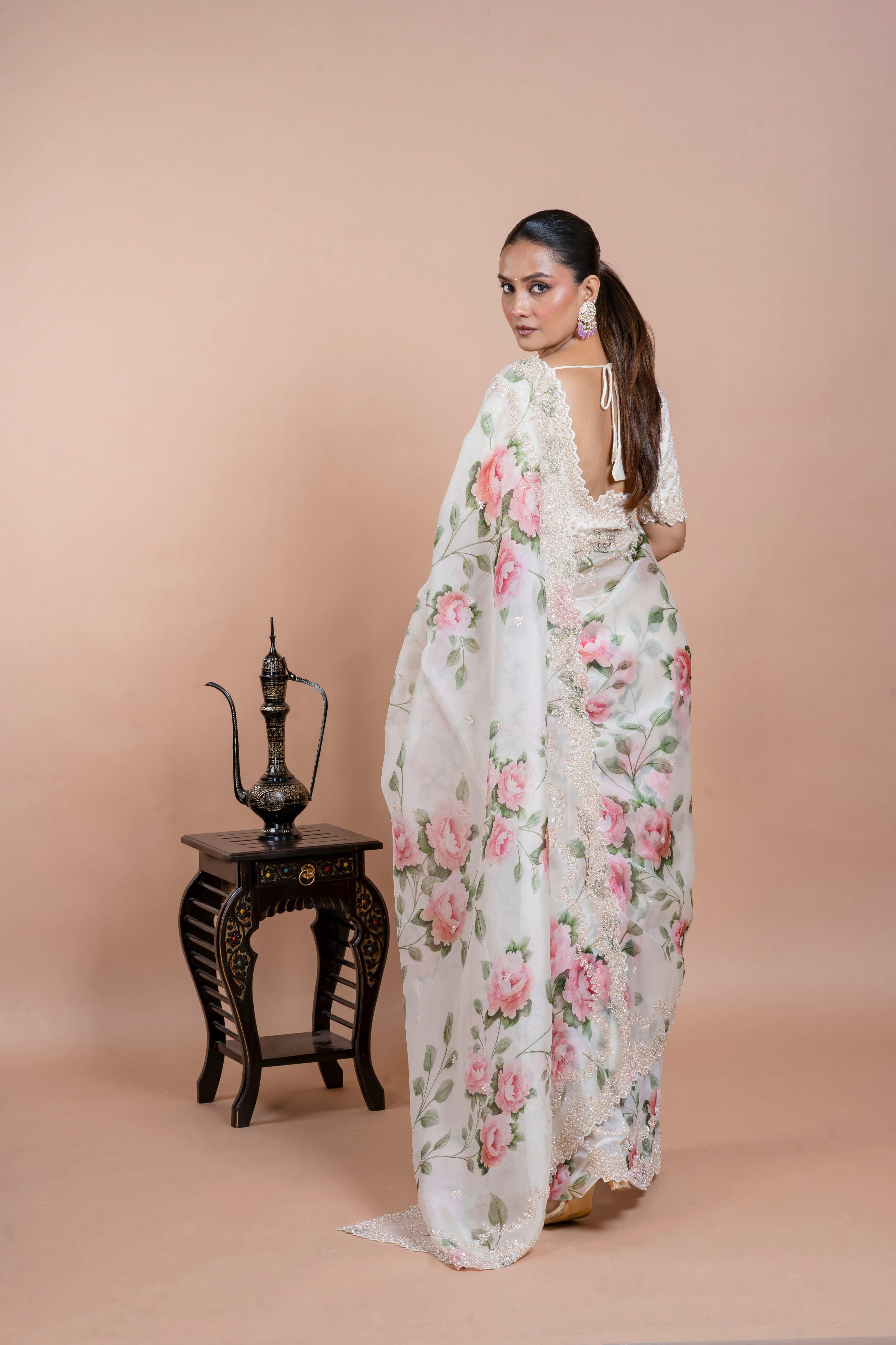 White Organza Saree with Pink Floral Print and Lace Border  Mokshaa