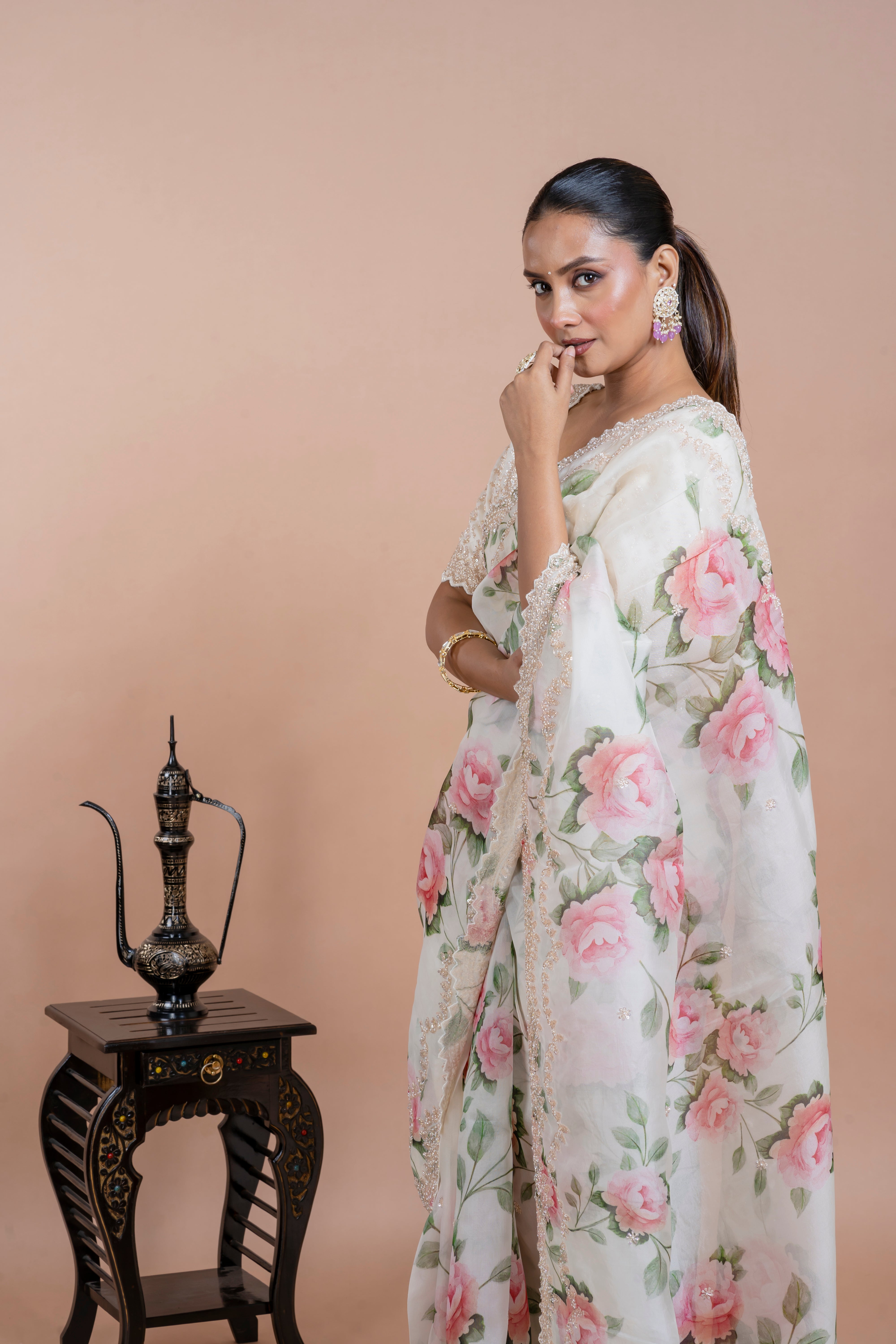 White Organza Saree with Pink Floral Print and Lace Border  Mokshaa