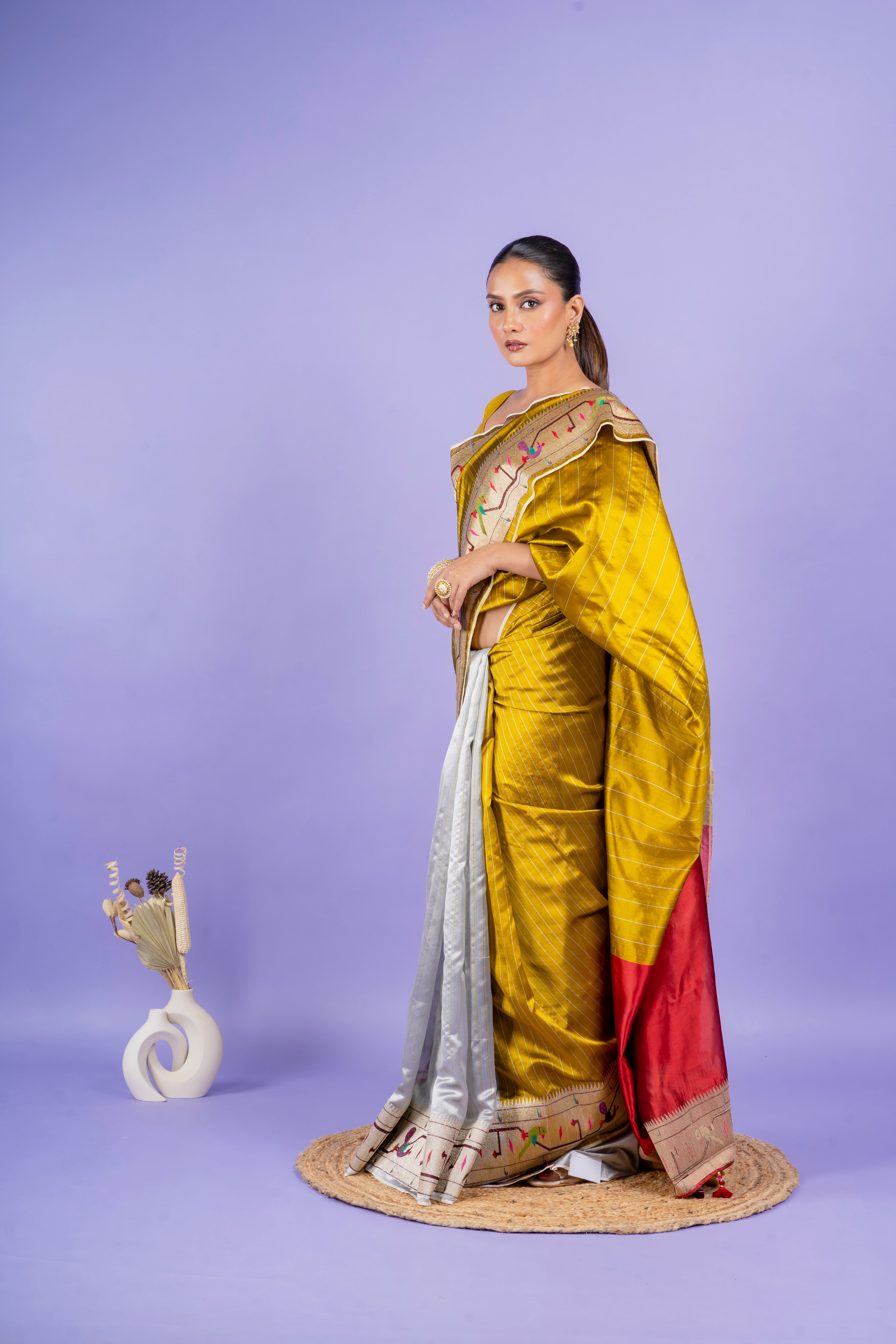 Mustard Silk Saree with Half-and-Half Zari Embroidery  Mokshaa