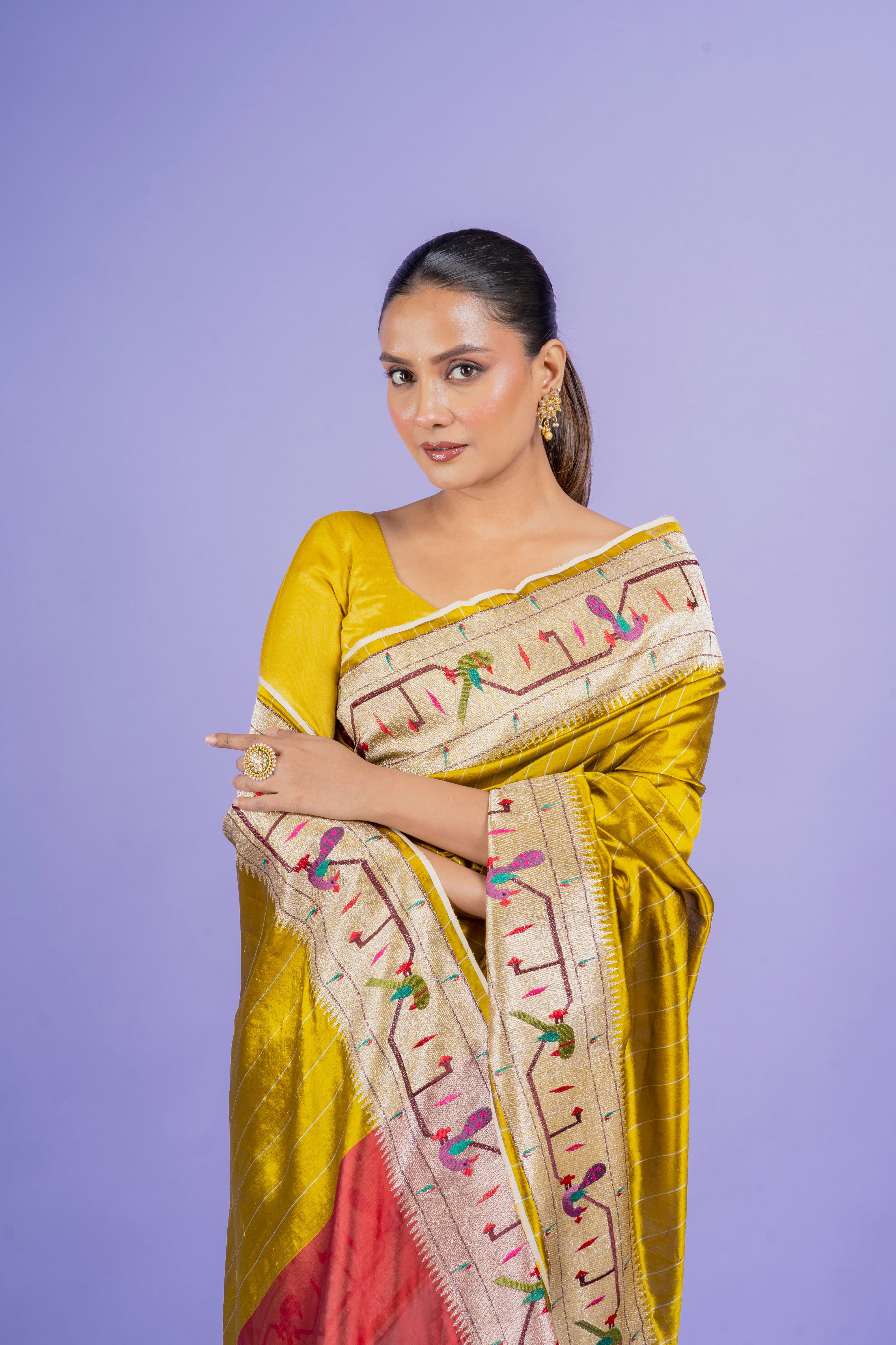 Mustard Silk Saree with Half-and-Half Zari Embroidery  Mokshaa