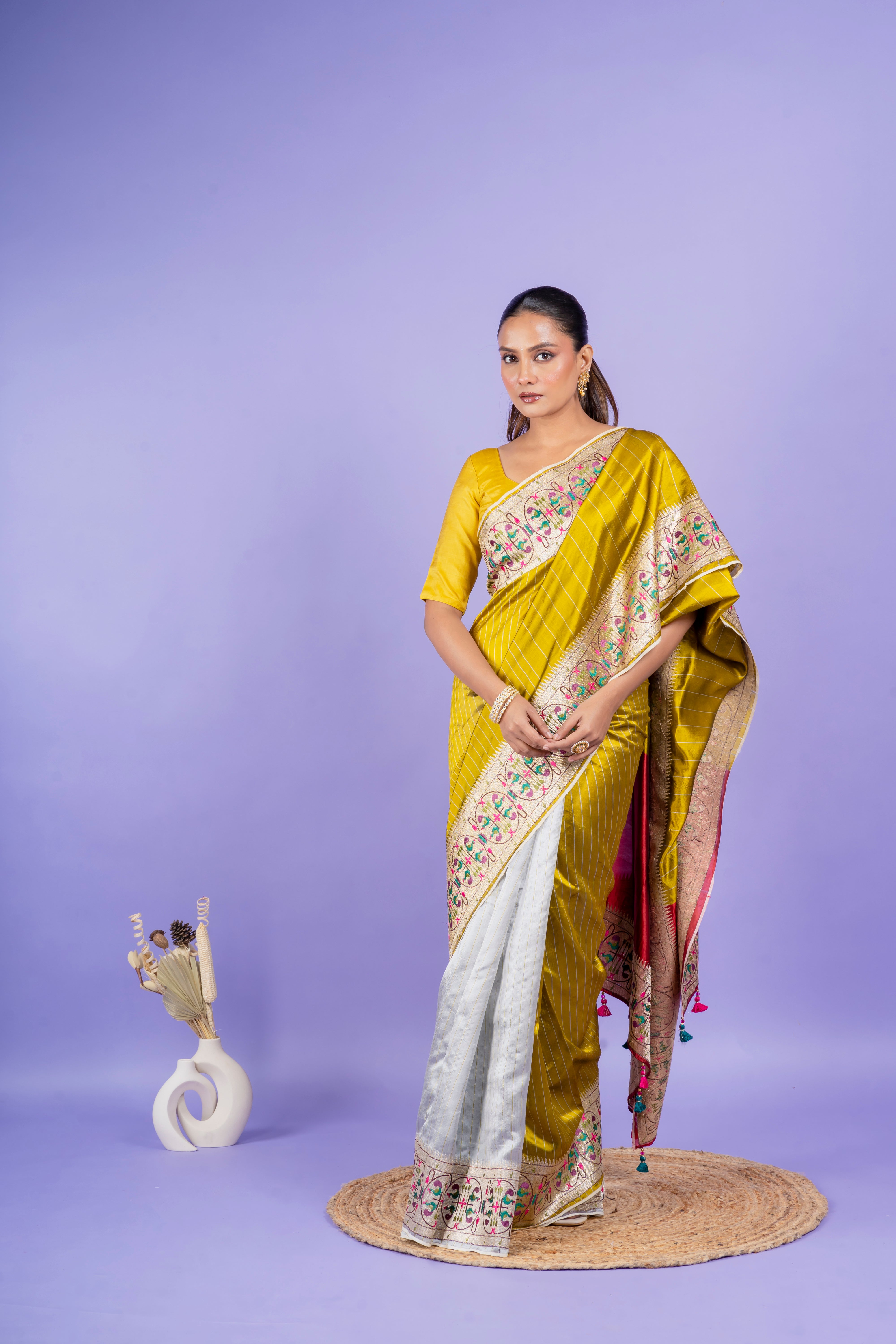 Mustard Green Silk Saree with Half-and-Half Zari Embroidery  Mokshaa