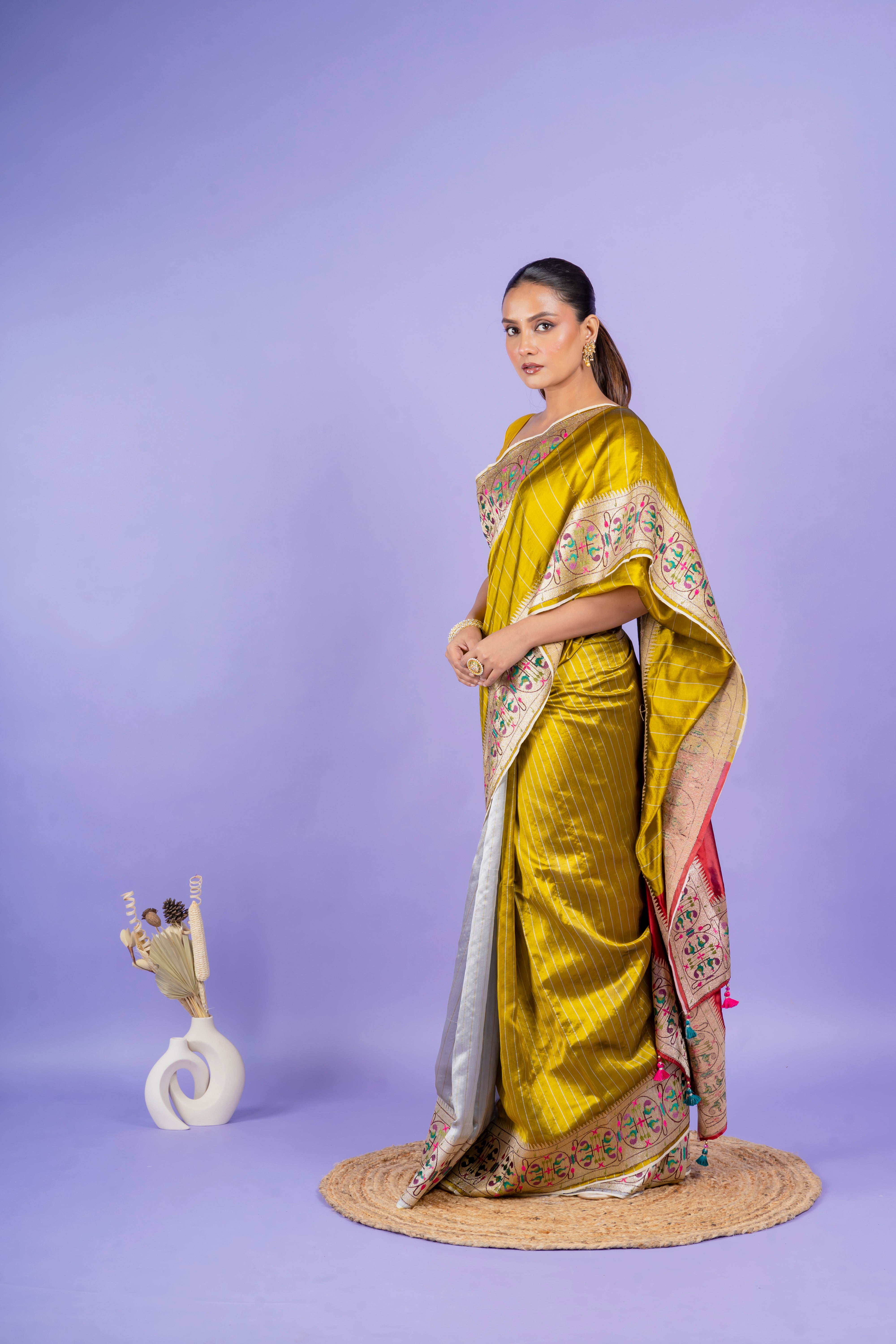Mustard Green Silk Saree with Half-and-Half Zari Embroidery  Mokshaa