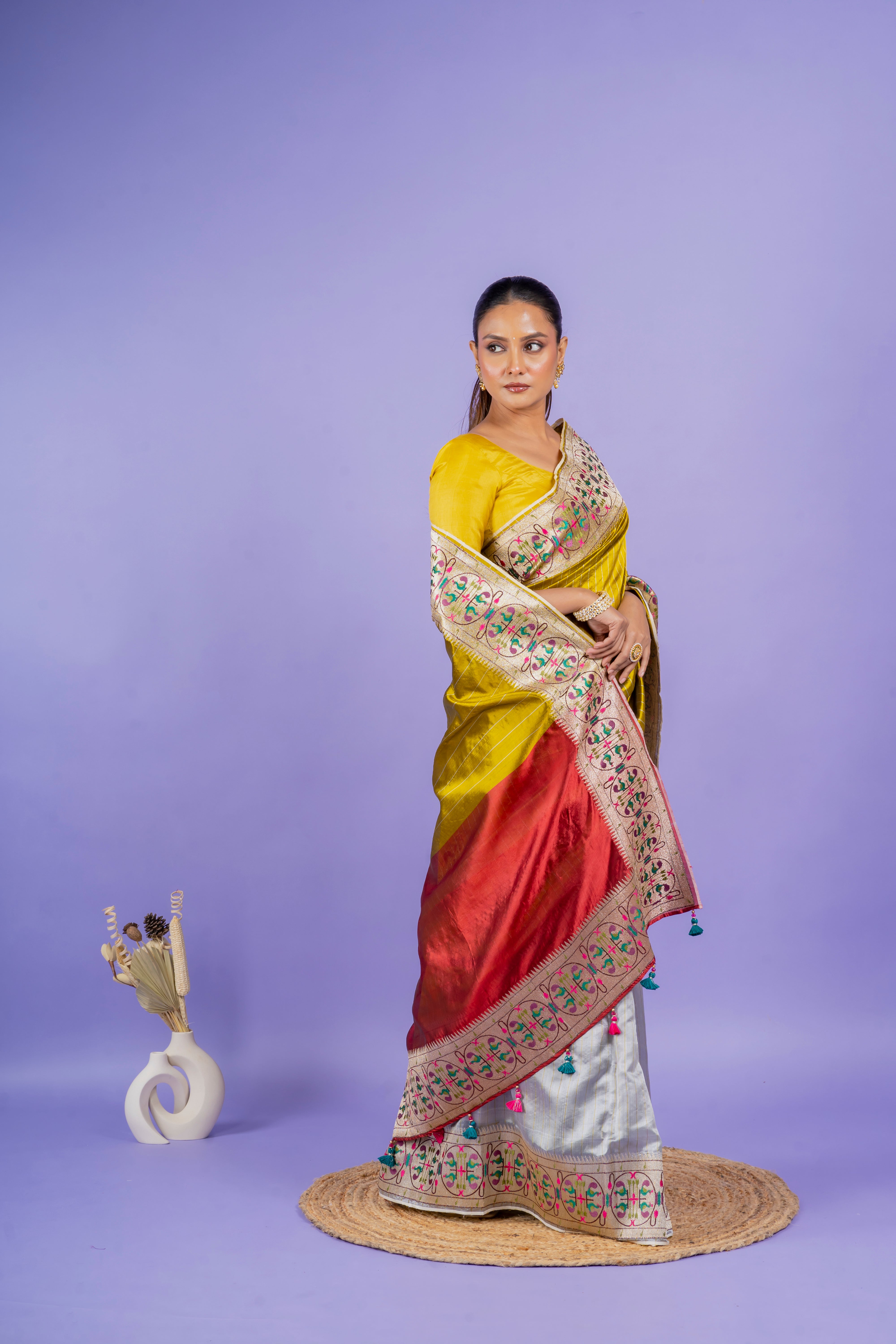 Mustard Green Silk Saree with Half-and-Half Zari Embroidery  Mokshaa