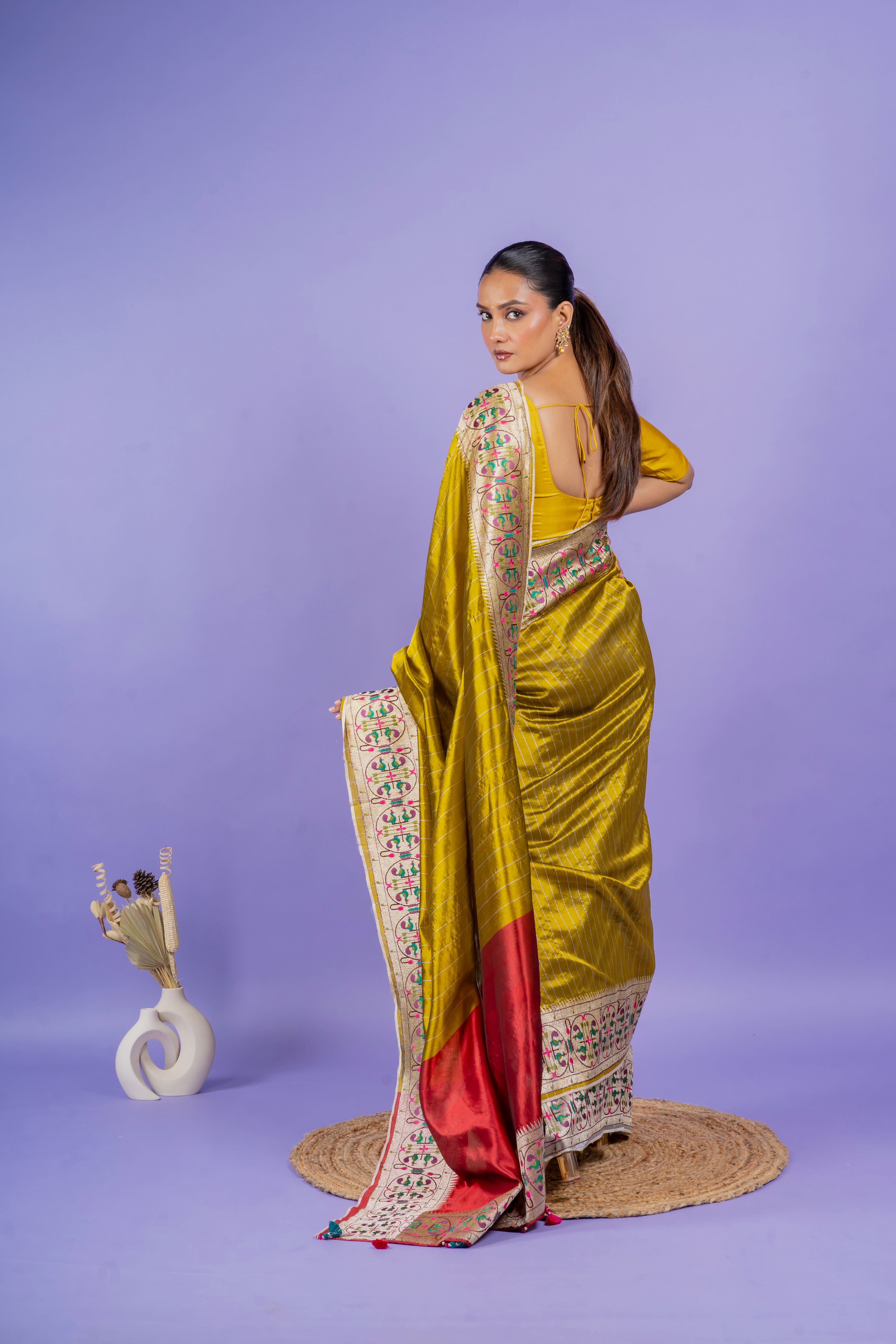 Mustard Green Silk Saree with Half-and-Half Zari Embroidery  Mokshaa