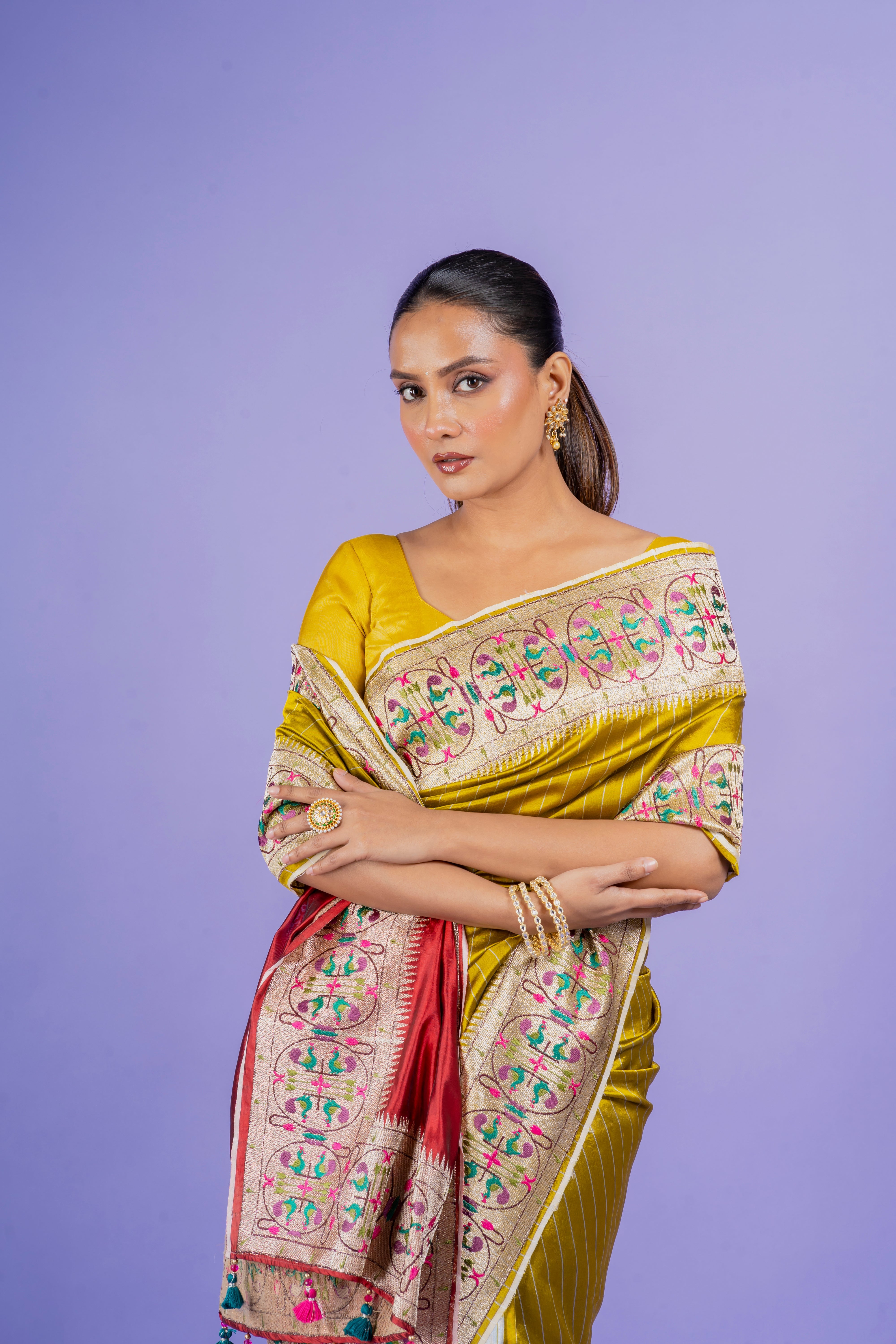 Mustard Green Silk Saree with Half-and-Half Zari Embroidery  Mokshaa