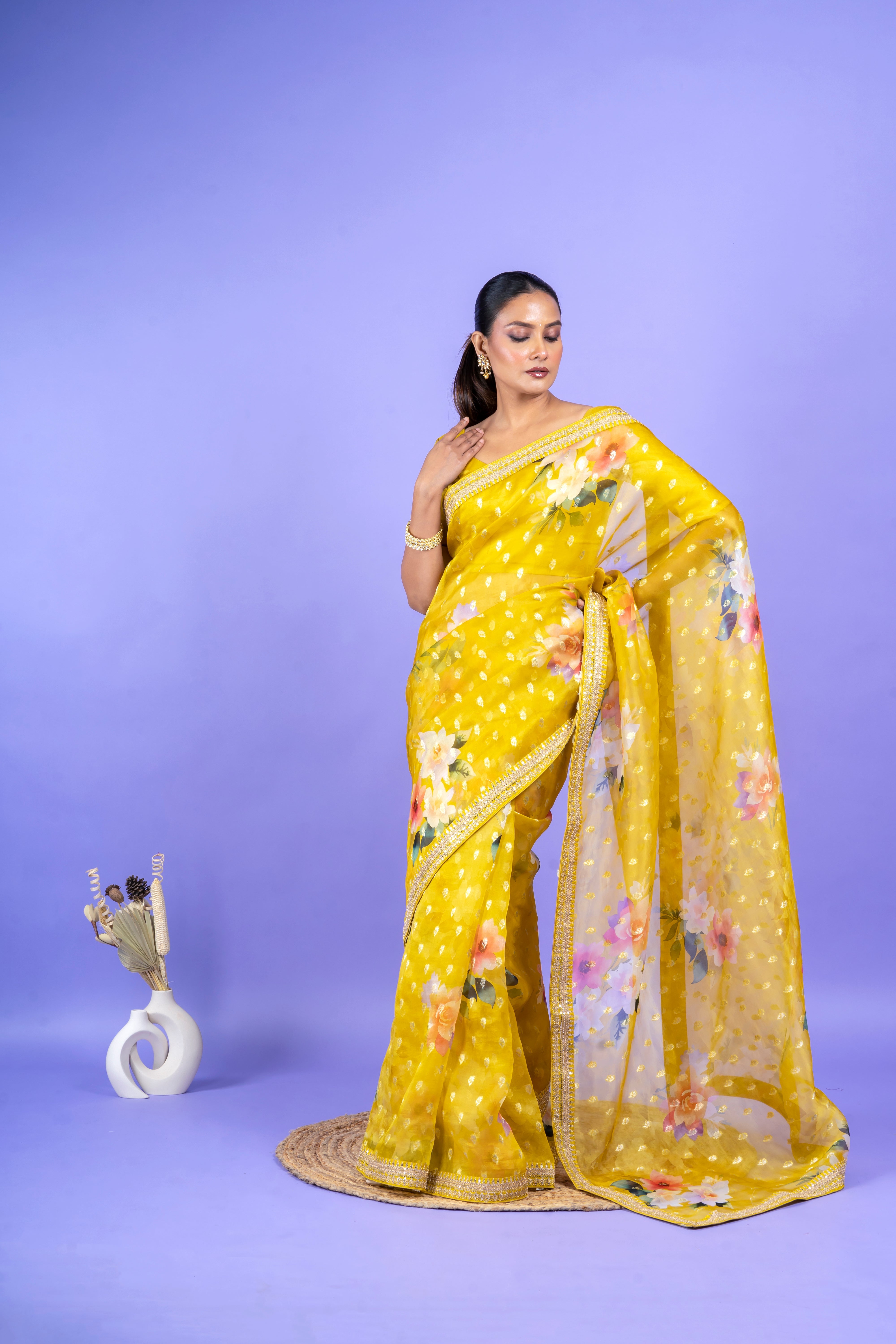 White Organza Saree with Black Floral Applique  Mokshaa