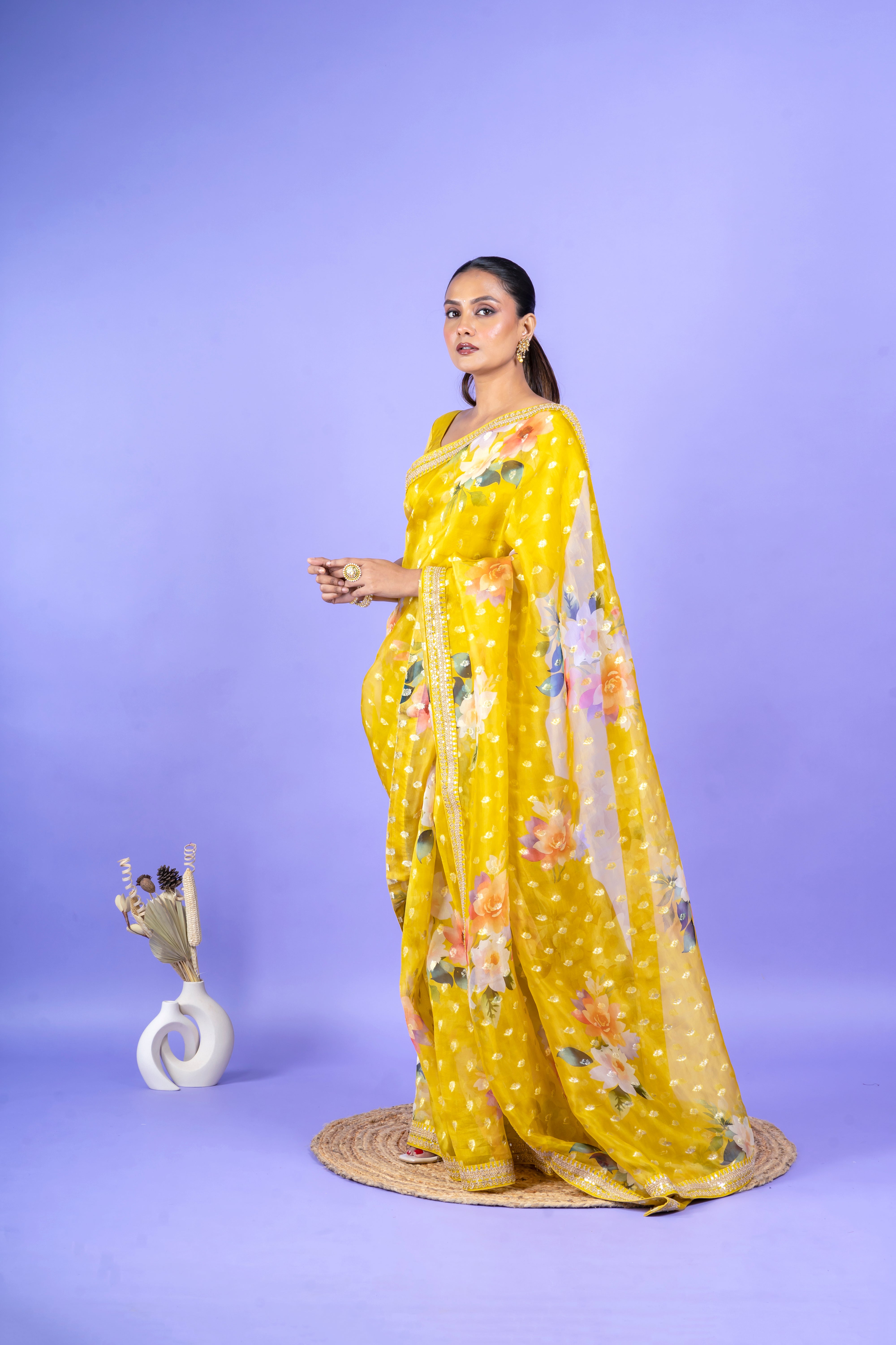 White Organza Saree with Black Floral Applique  Mokshaa