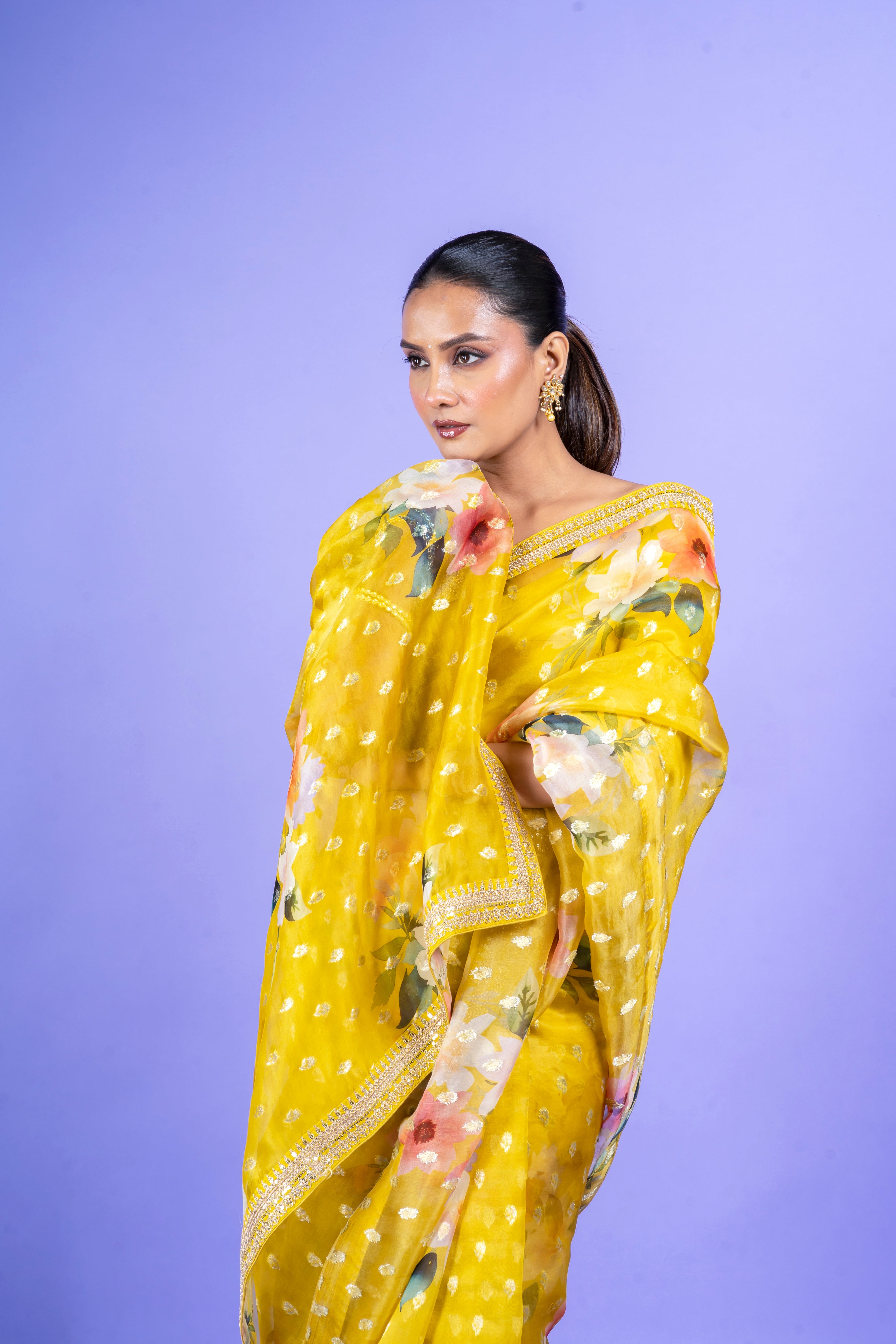 White Organza Saree with Black Floral Applique  Mokshaa