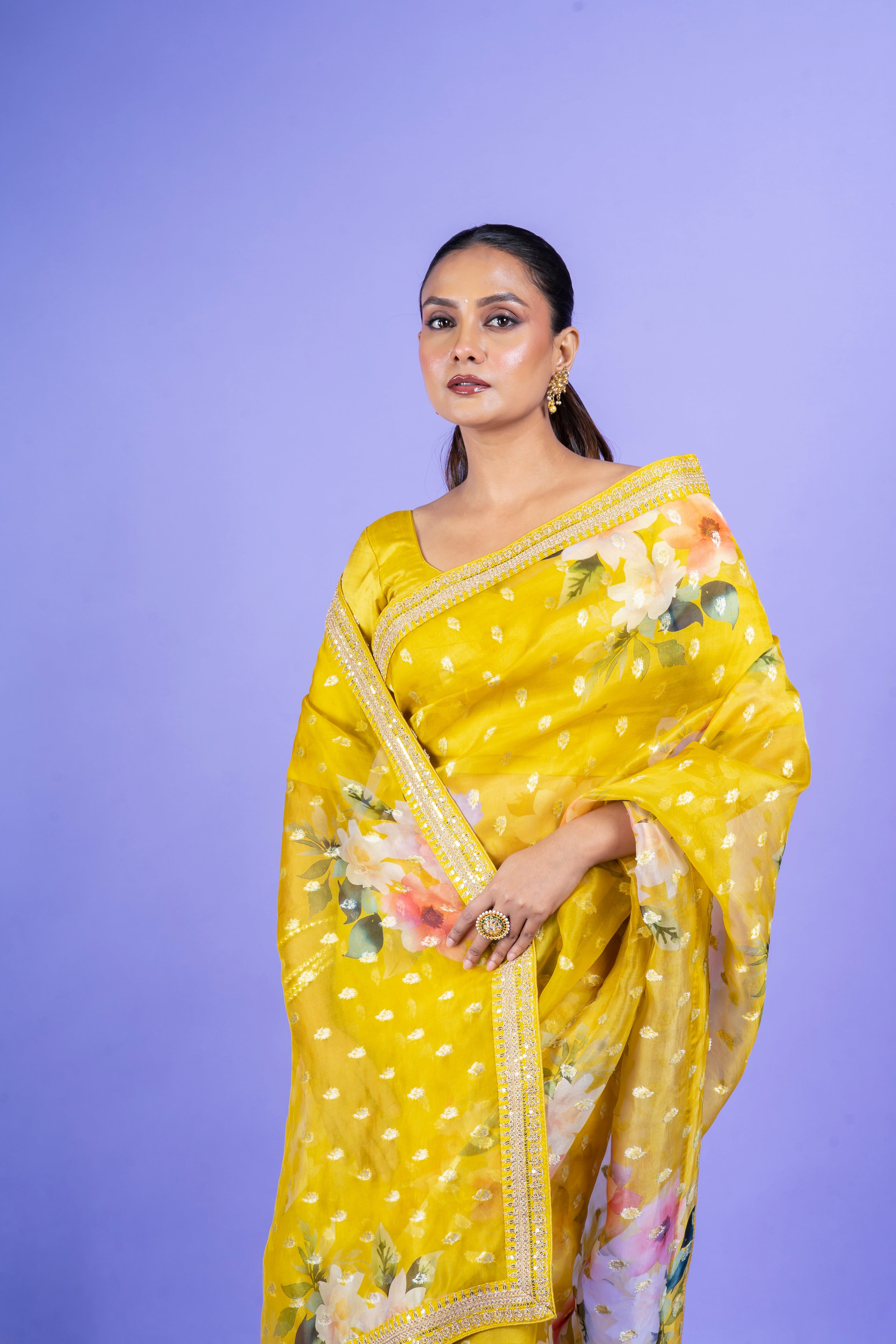 White Organza Saree with Black Floral Applique  Mokshaa