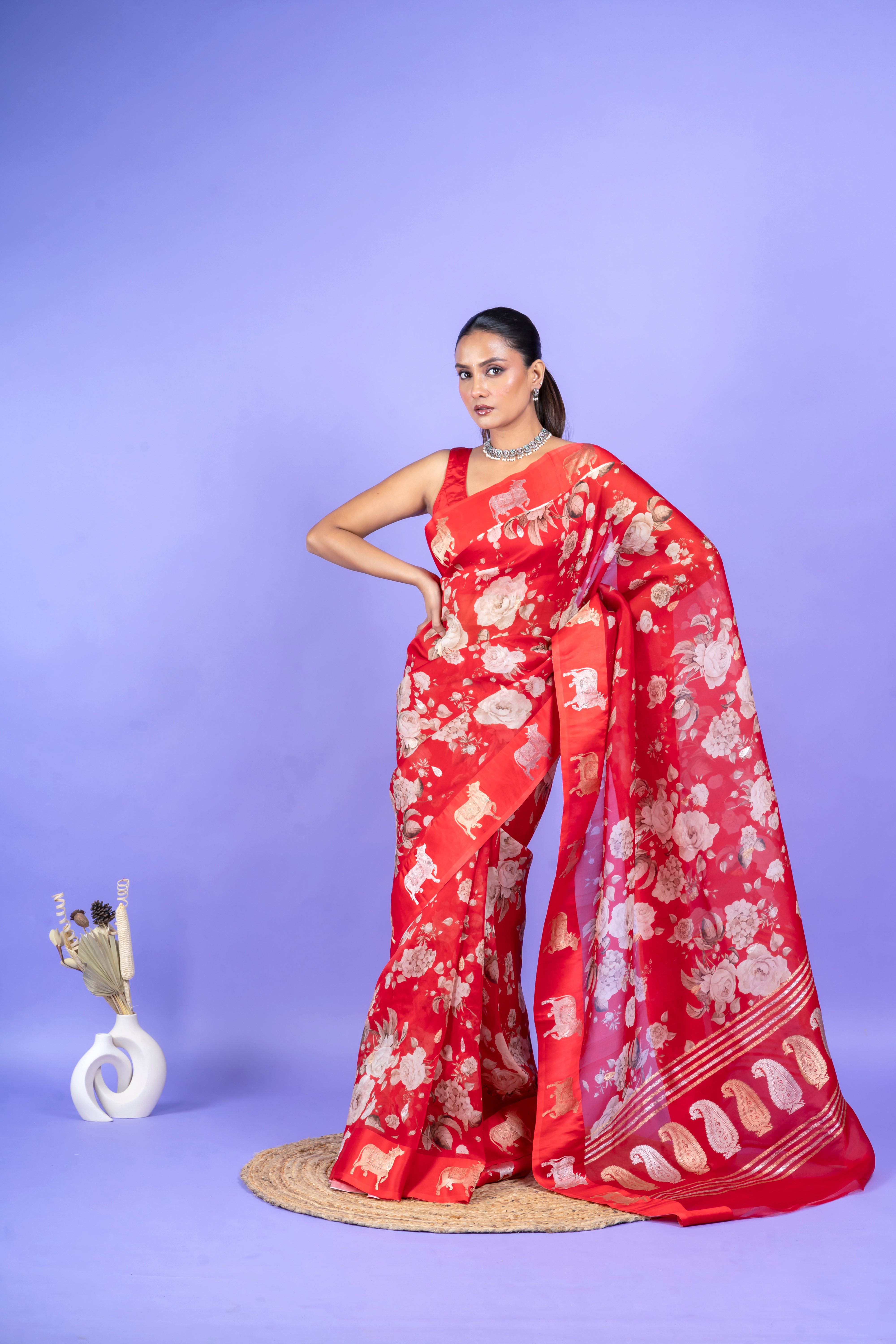 Red Organza Saree with Digital Floral Print and Zari Border  Mokshaa