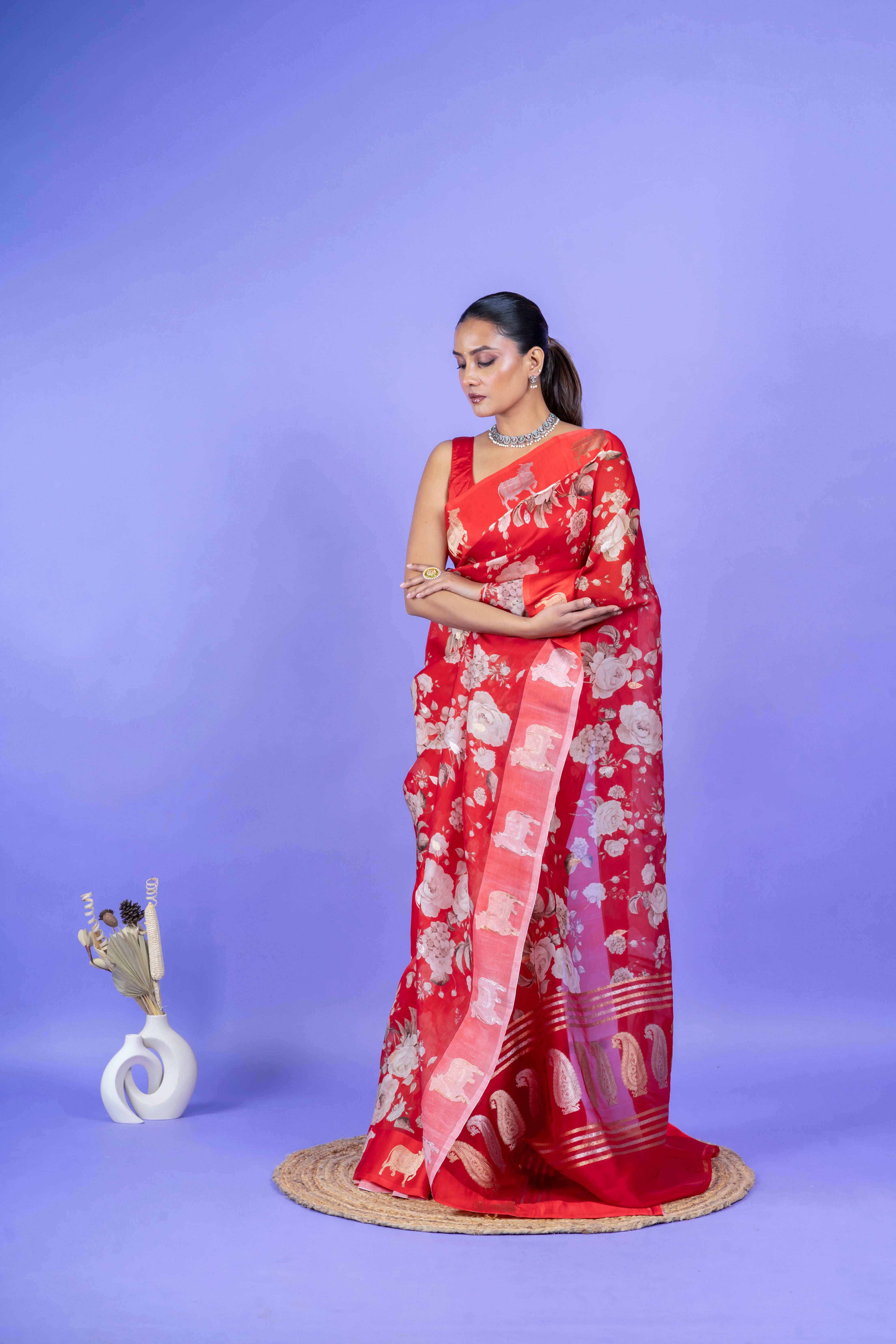 Red Organza Saree with Digital Floral Print and Zari Border  Mokshaa