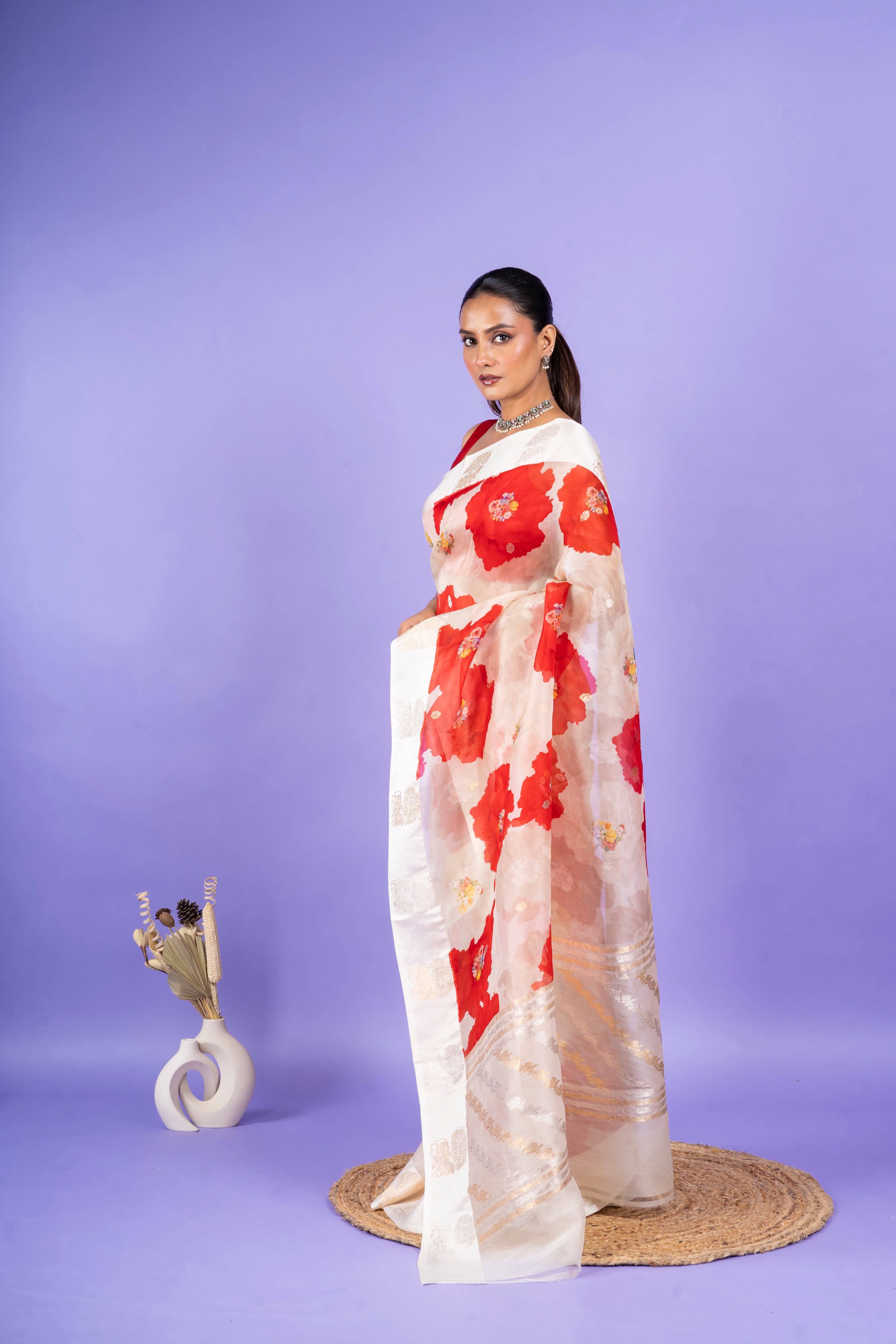 Ivory Printed Organza Saree  Mokshaa