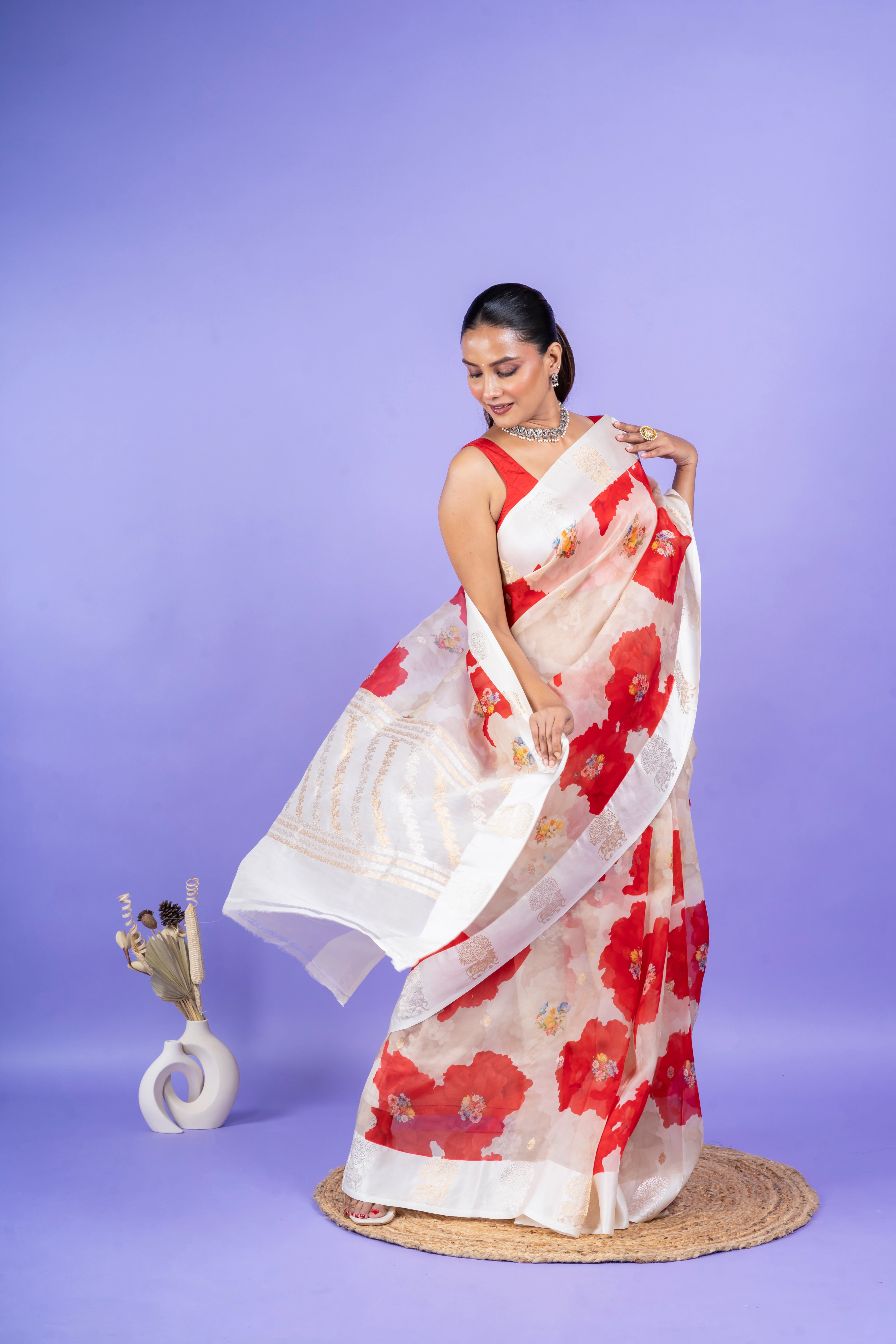 Ivory Printed Organza Saree  Mokshaa