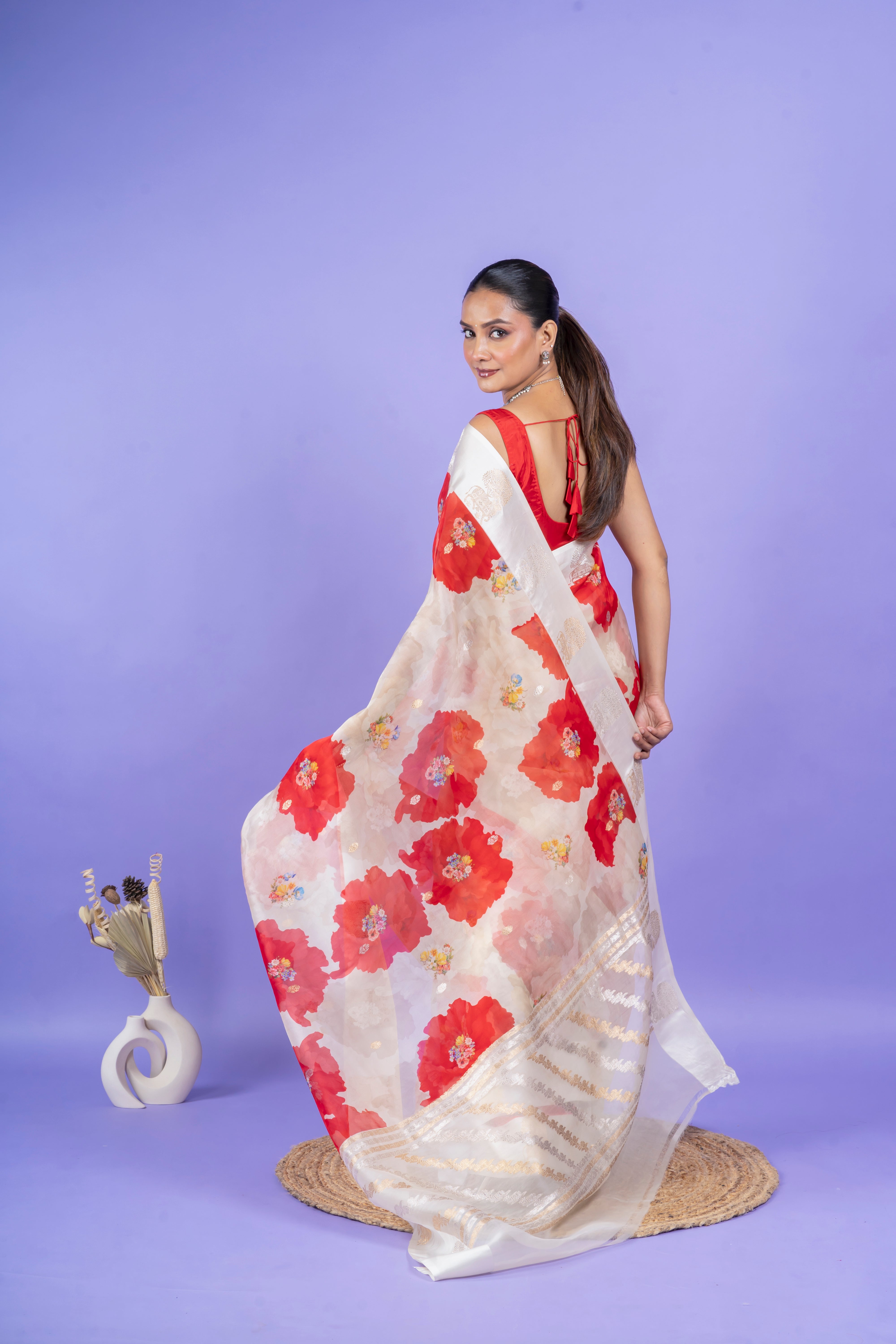 Ivory Printed Organza Saree  Mokshaa