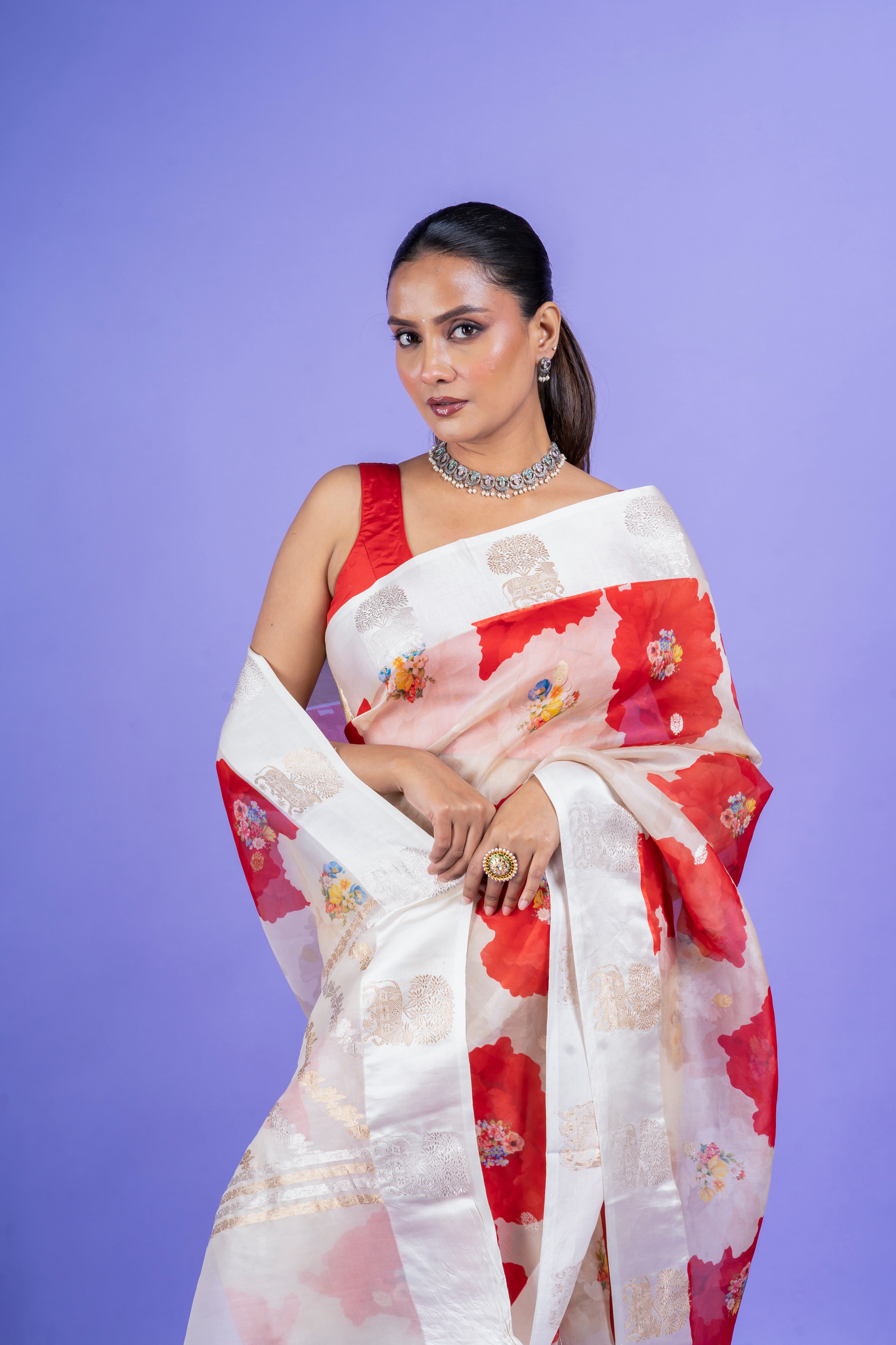 Ivory Printed Organza Saree  Mokshaa