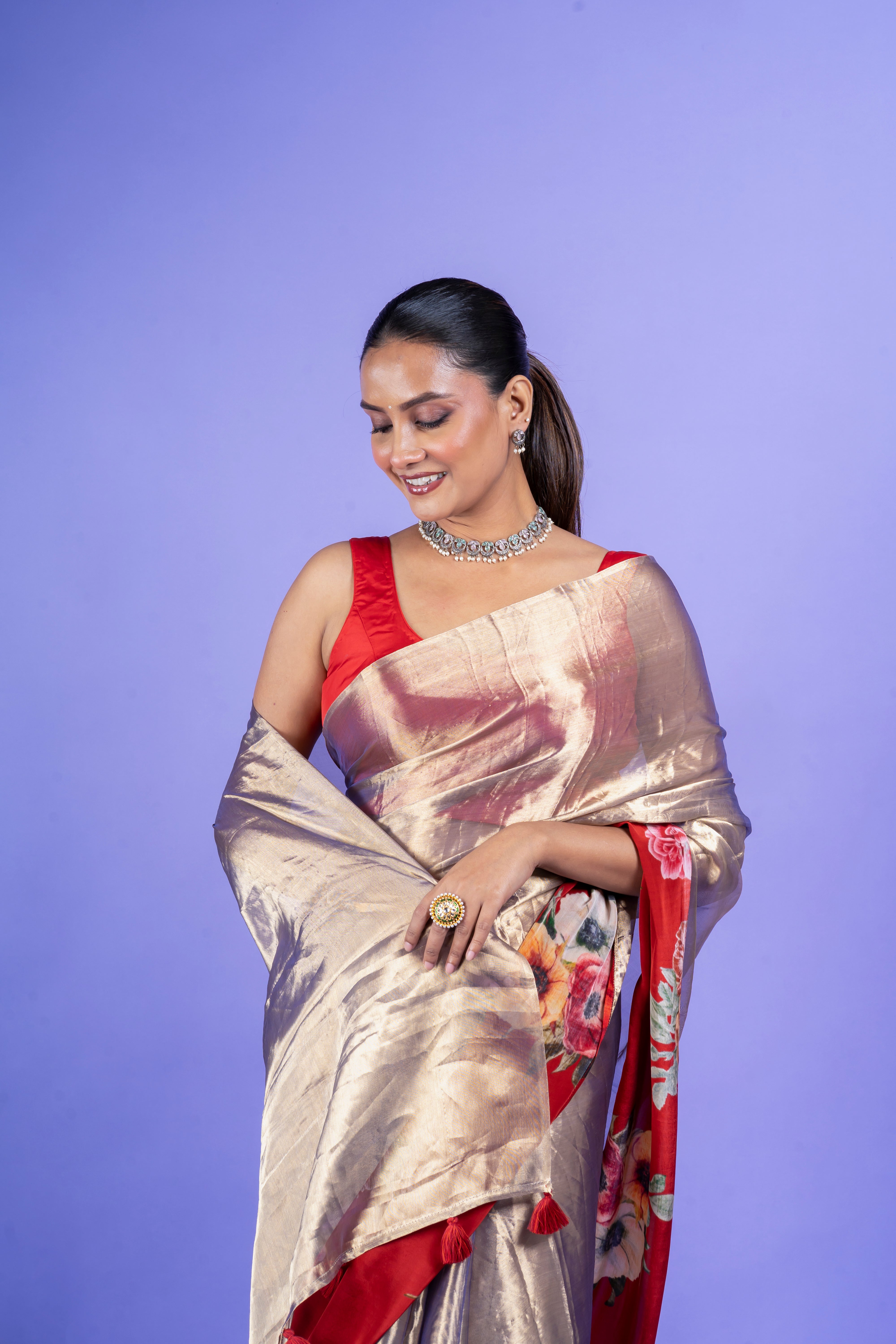 Taupe Gold Tissue Organza Saree with Zari and Multi-Thread Work (Copy)  Mokshaa