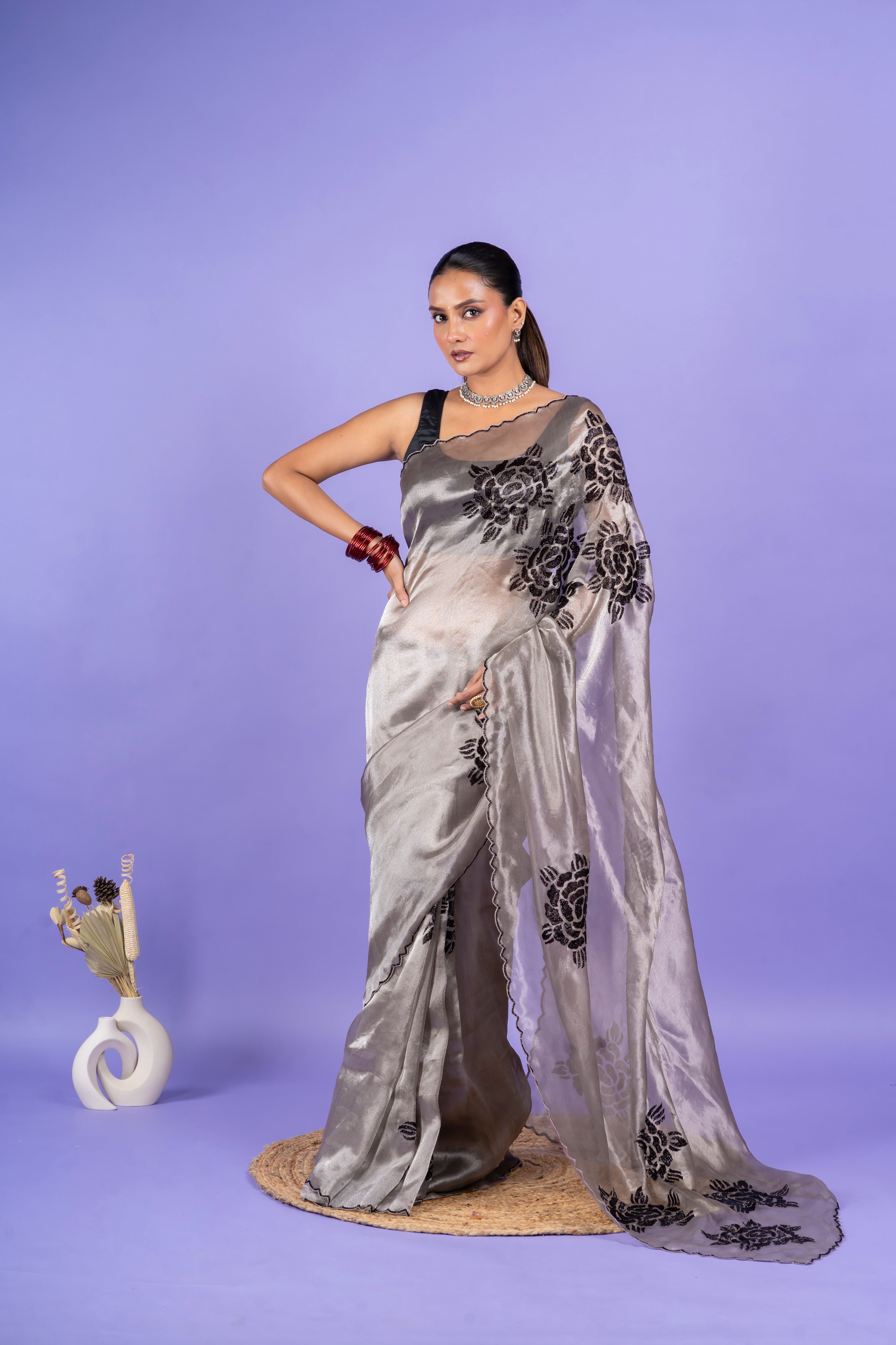 Ash Grey Tissue Organza Saree with Black Beads Embroidery  Mokshaa