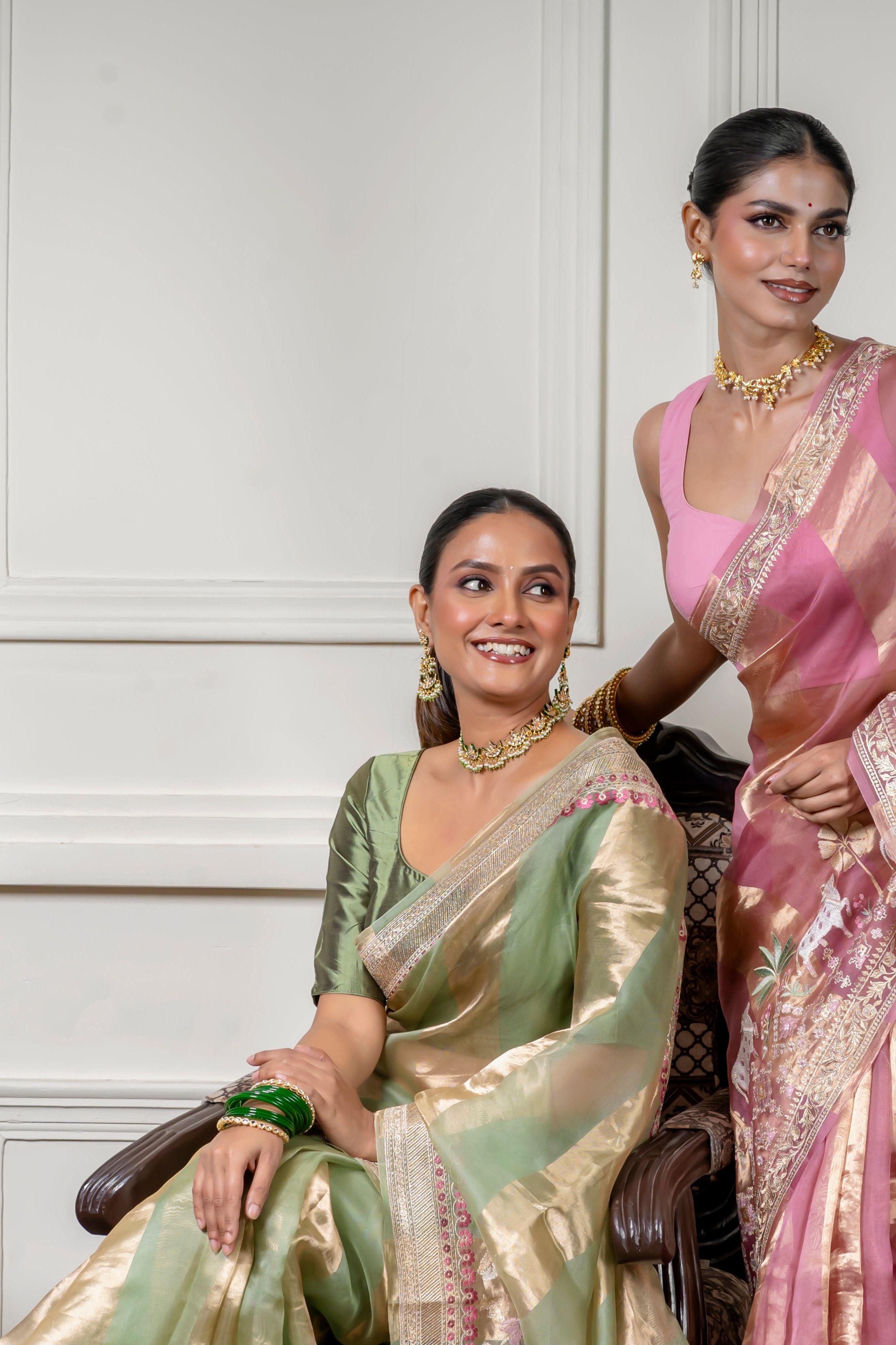 Green Organza Saree with Gold Zari Stripe  Mokshaa