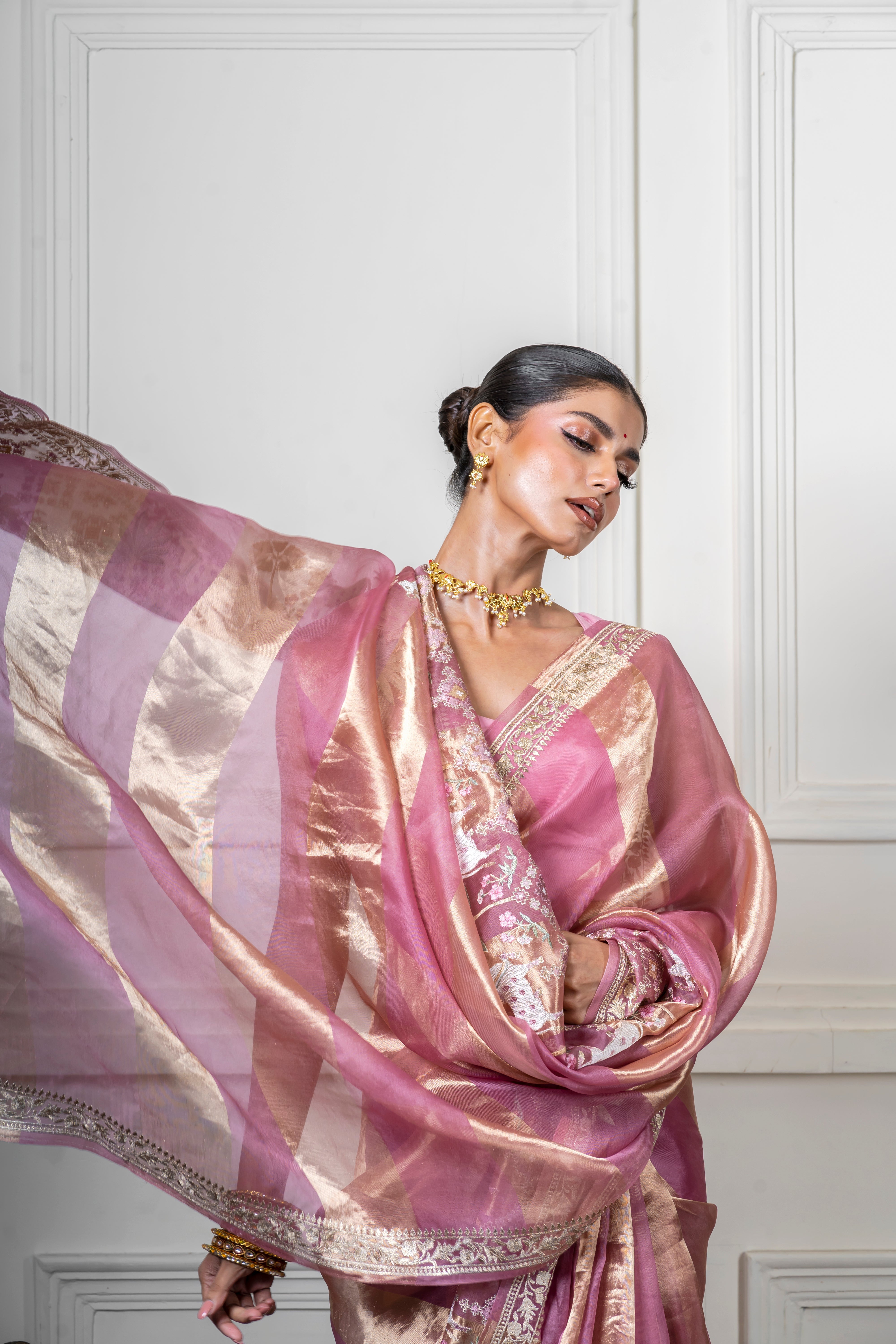 Green Pink Saree with Gold Zari Stripe (Copy)  Mokshaa