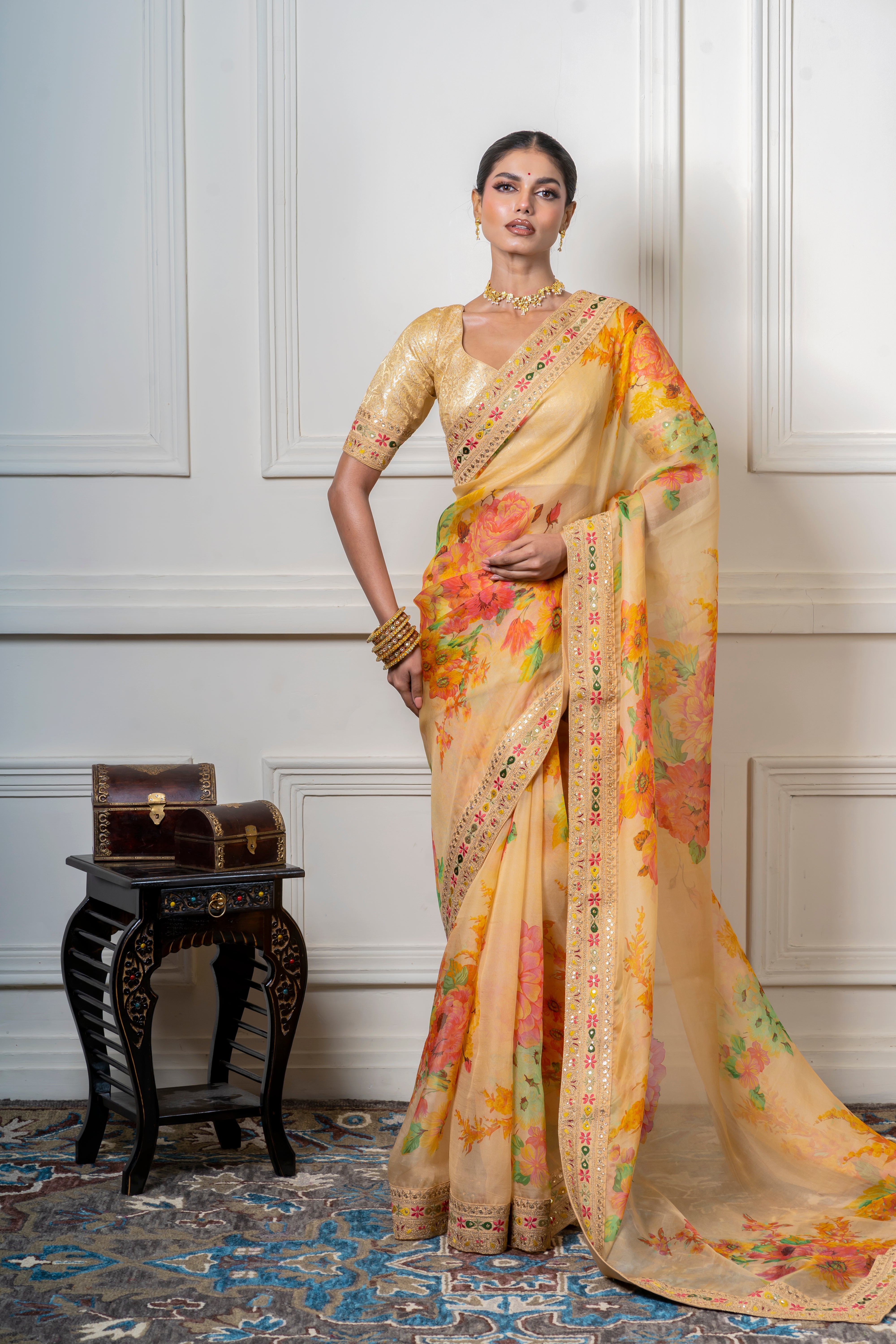 Golden Beige Organza Saree with Vibrant Floral Print  Mokshaa