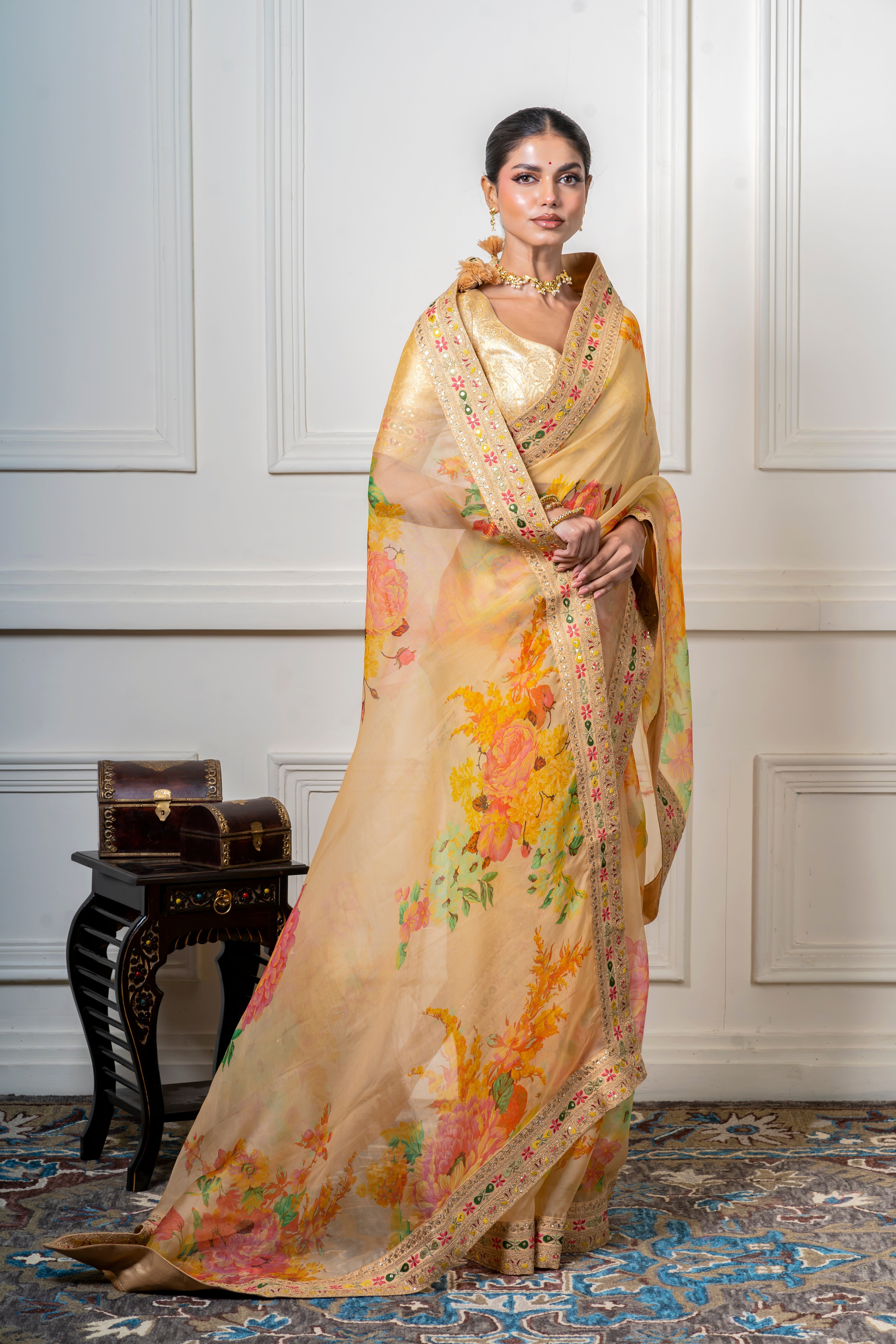 Golden Beige Organza Saree with Vibrant Floral Print  Mokshaa
