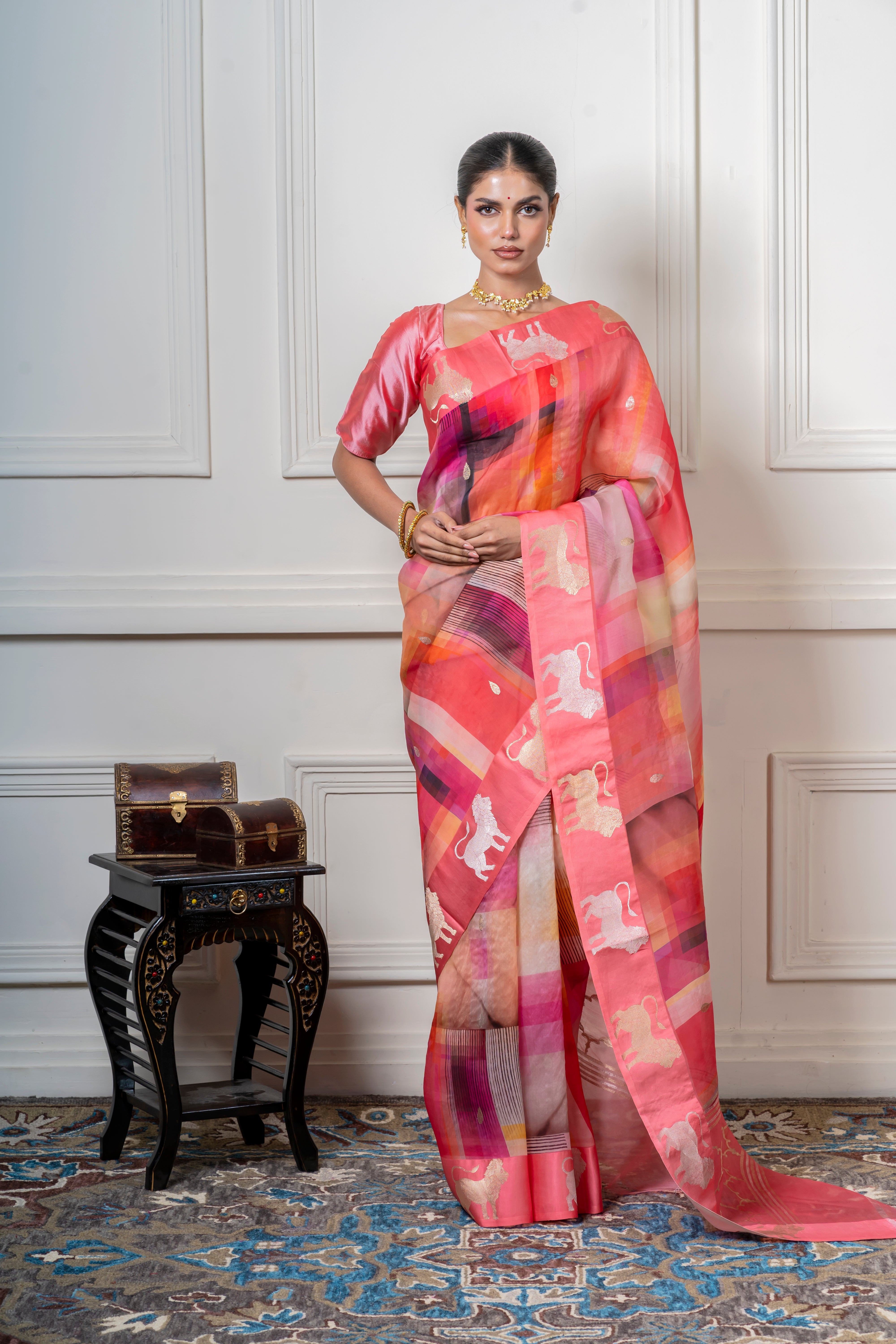 Multicolor Organza Saree with Geometric Print and Animal Motif  Mokshaa