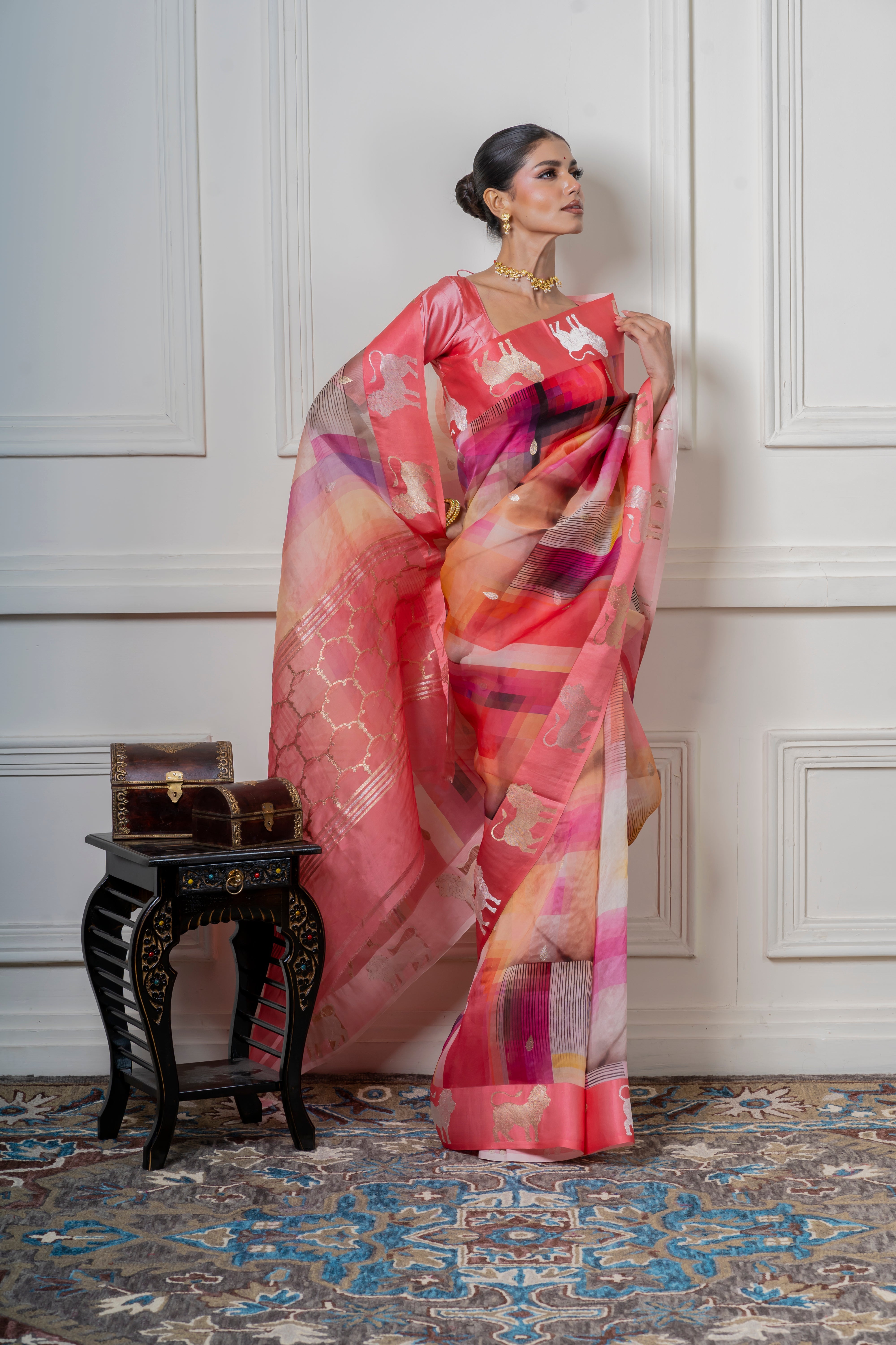 Multicolor Organza Saree with Geometric Print and Animal Motif  Mokshaa