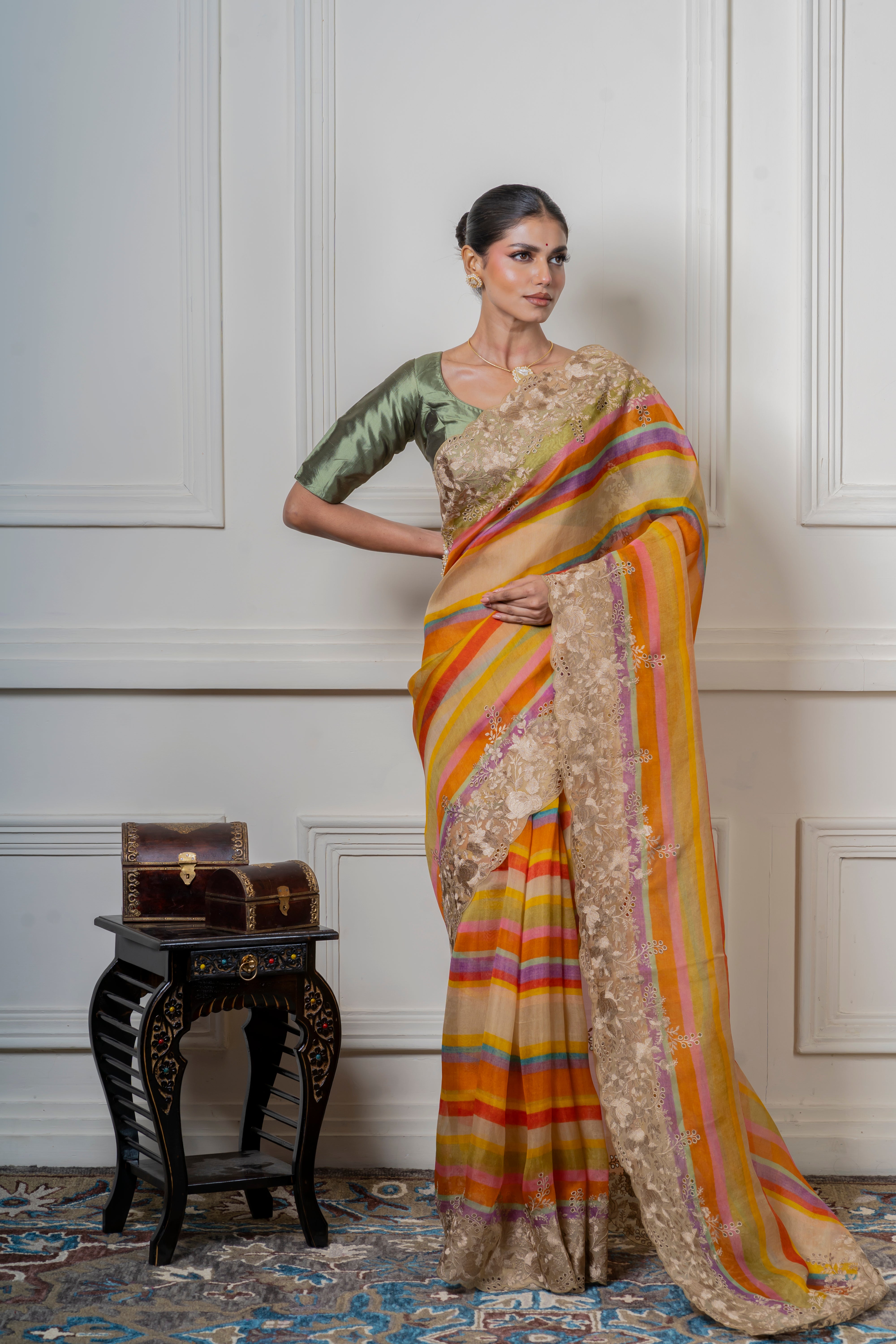 Multicolor Organza Saree with Stripes and Lace Border  Mokshaa
