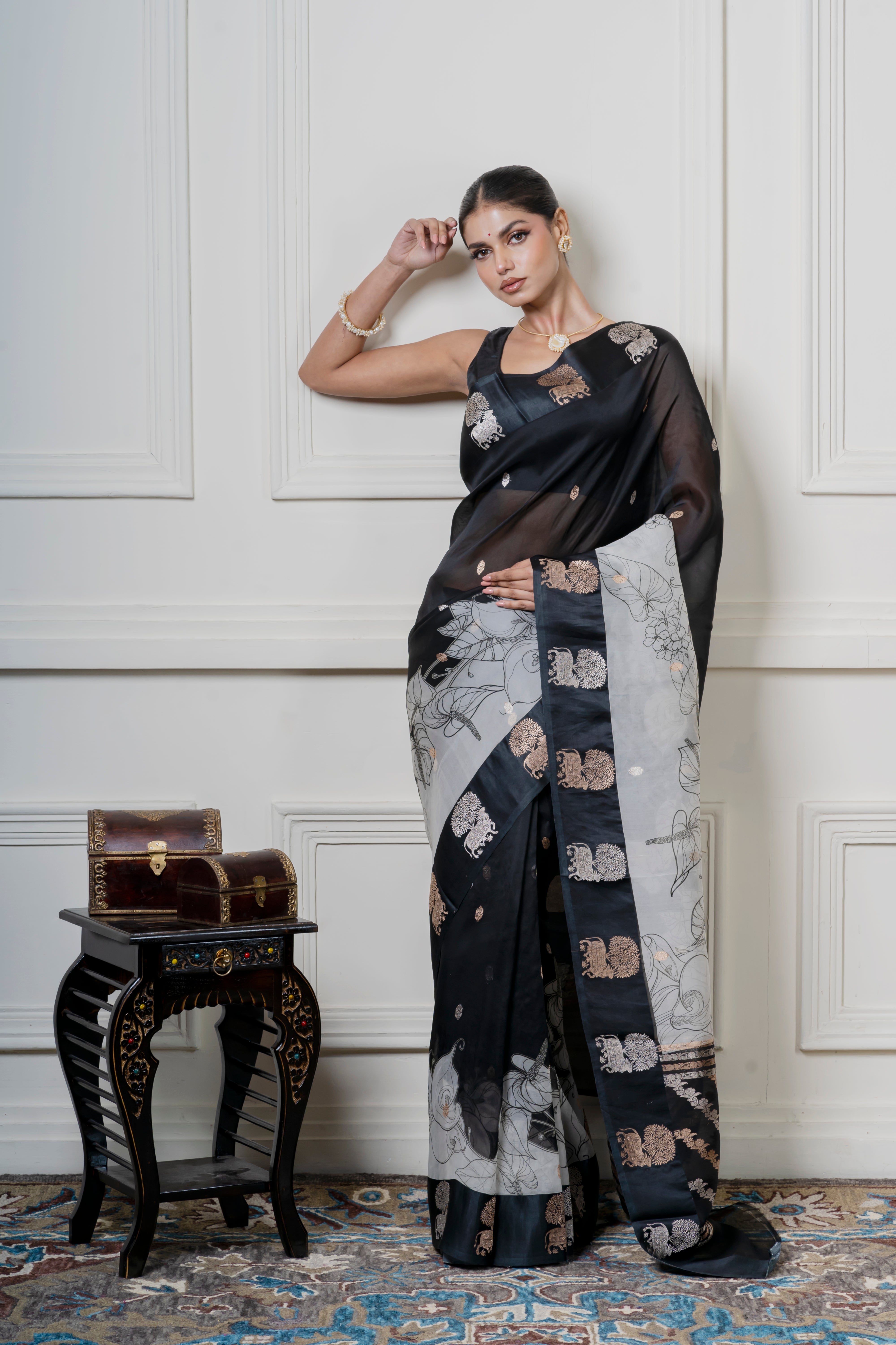 Black Organza Saree with Digital Floral Print and Zari Border  Mokshaa
