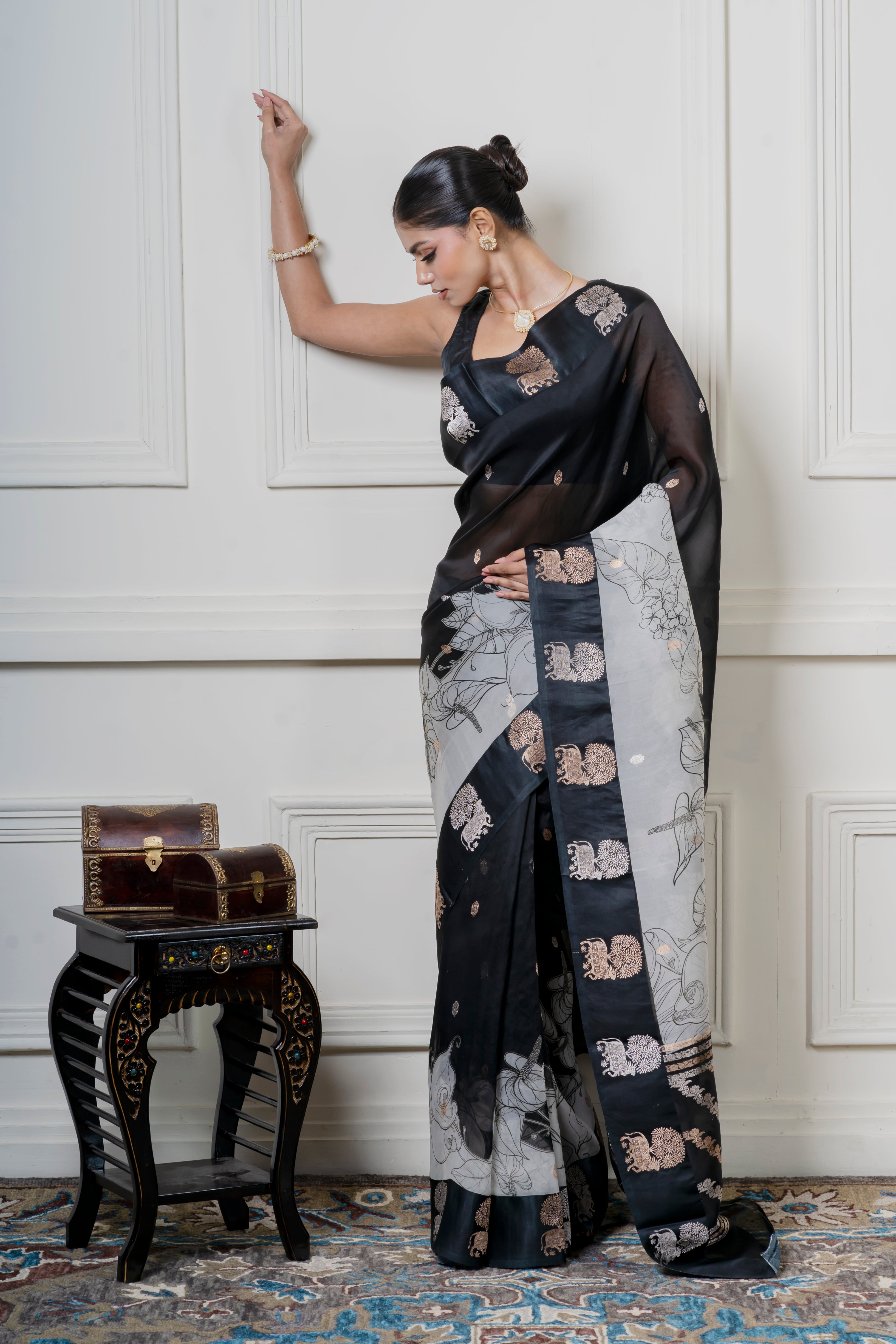 Black Organza Saree with Digital Floral Print and Zari Border  Mokshaa