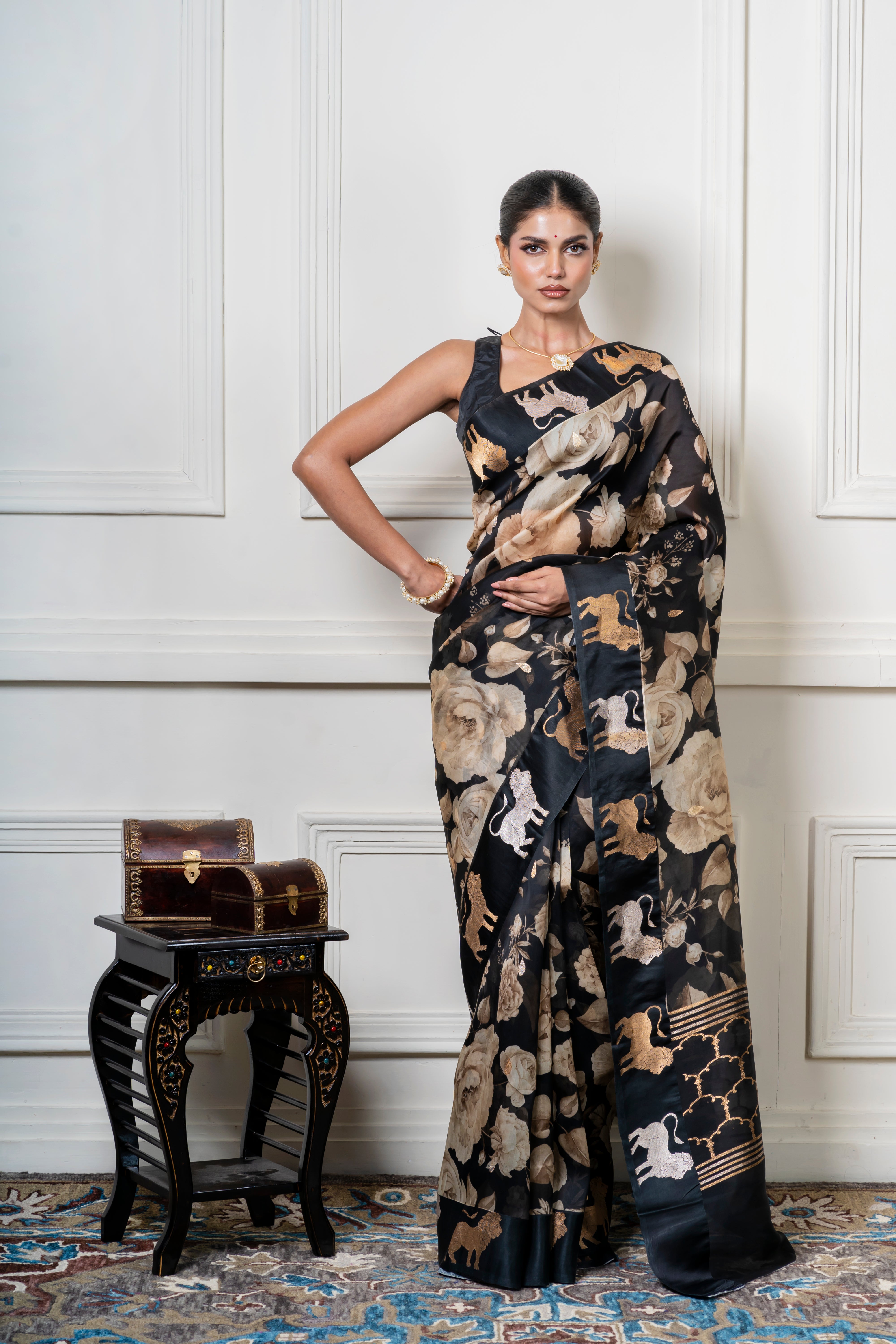 Black Organza Saree with Digital Floral Print and Zari Border  Mokshaa