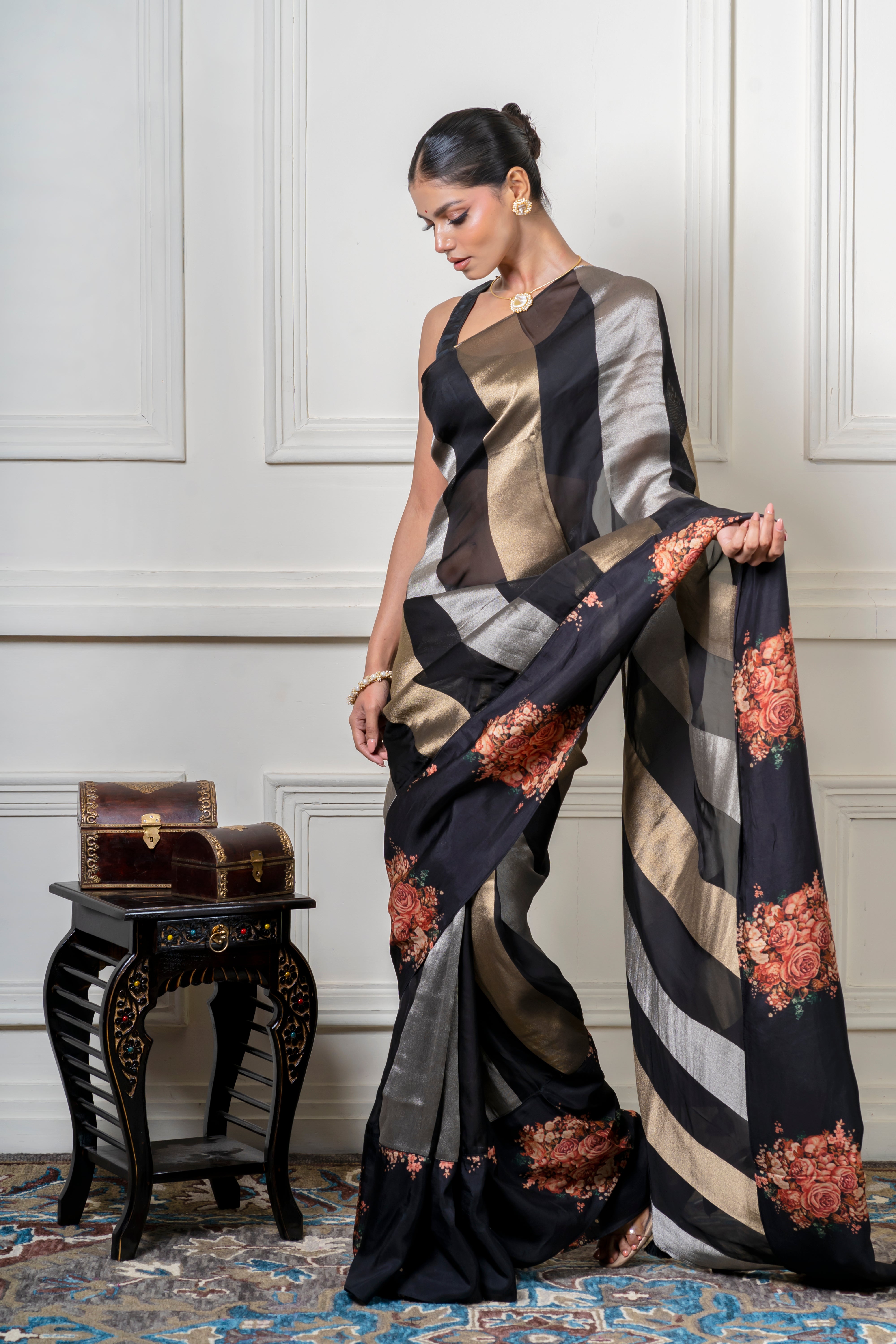 Black Organza Saree with Zari Stripes and Printed Border  Mokshaa