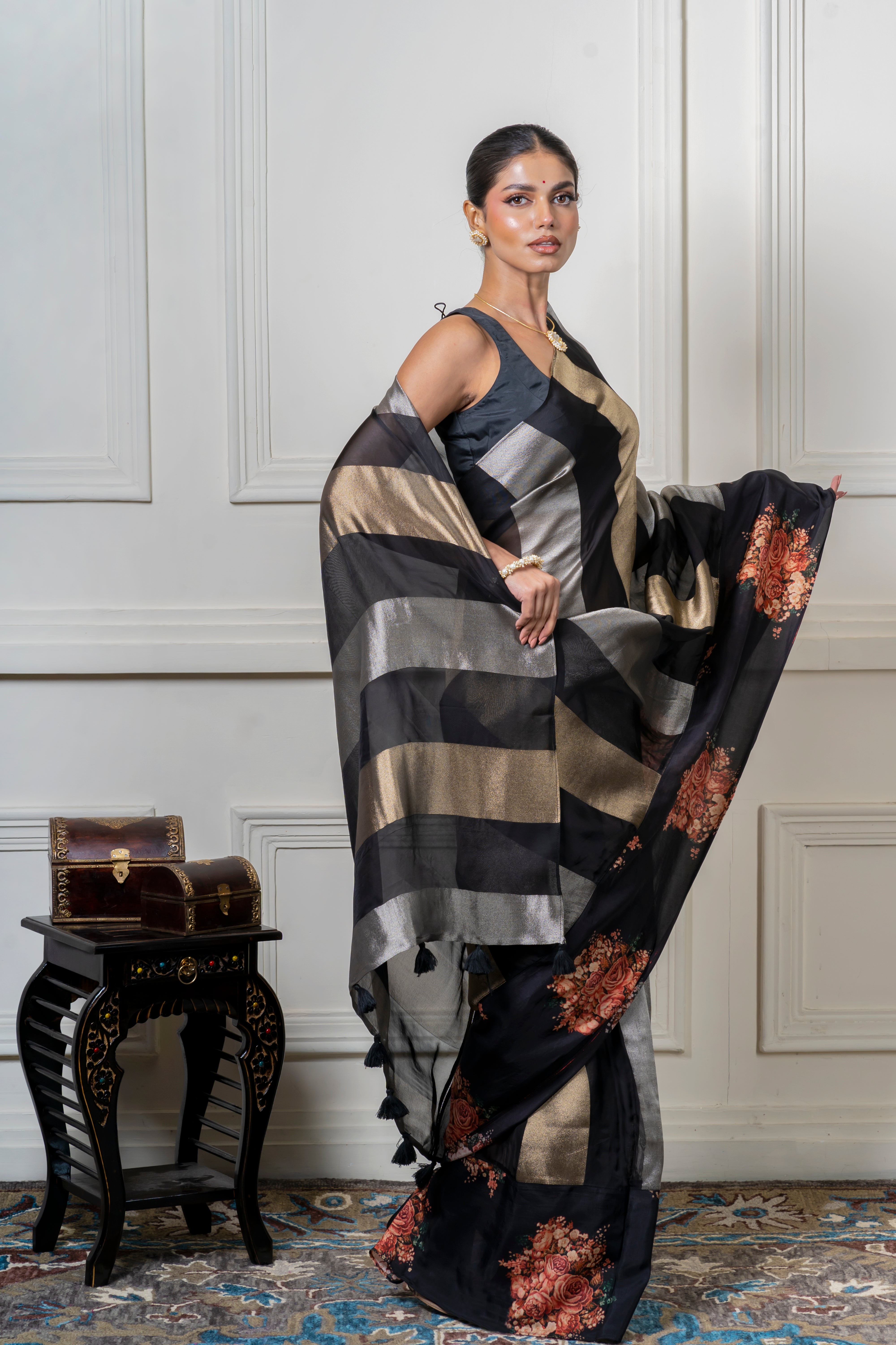 Black Organza Saree with Zari Stripes and Printed Border  Mokshaa
